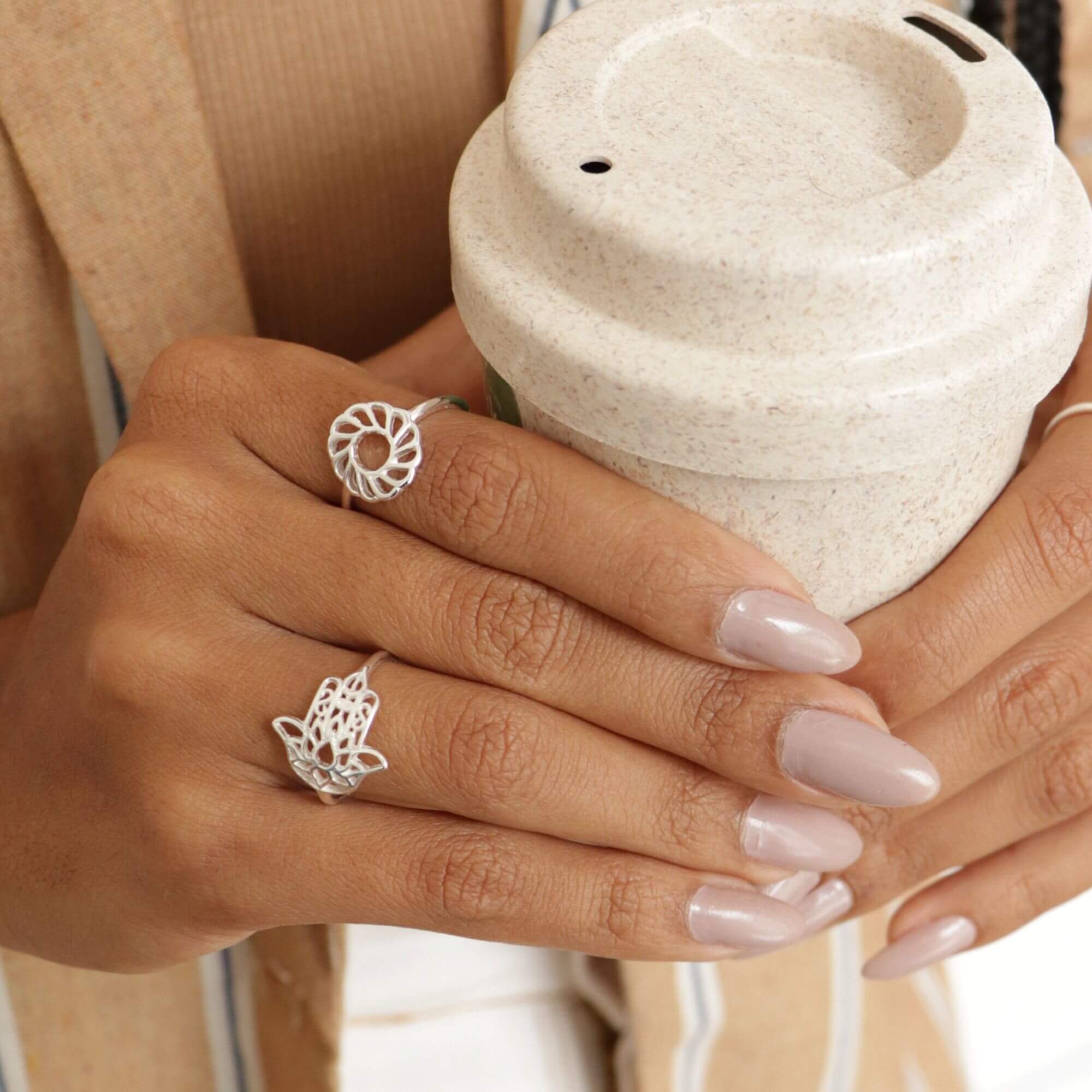 Anel Prata 925 Hamsá e Flor de Lótus Prata 925 3