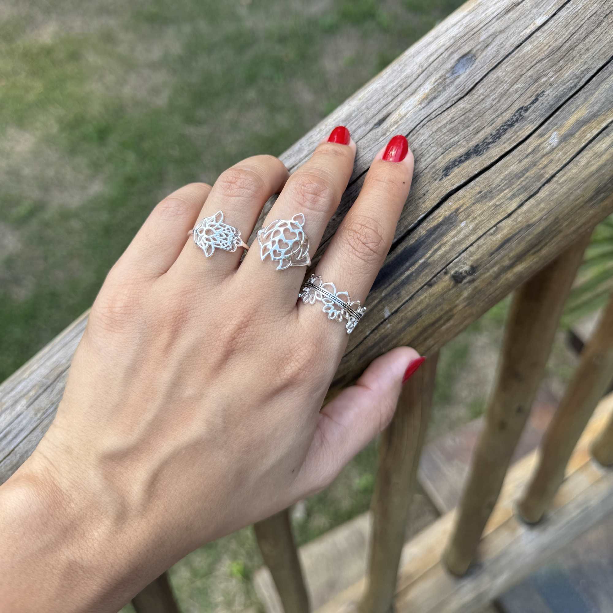 Anel Prata 925 Hamsá e Flor de Lótus Prata 925 4