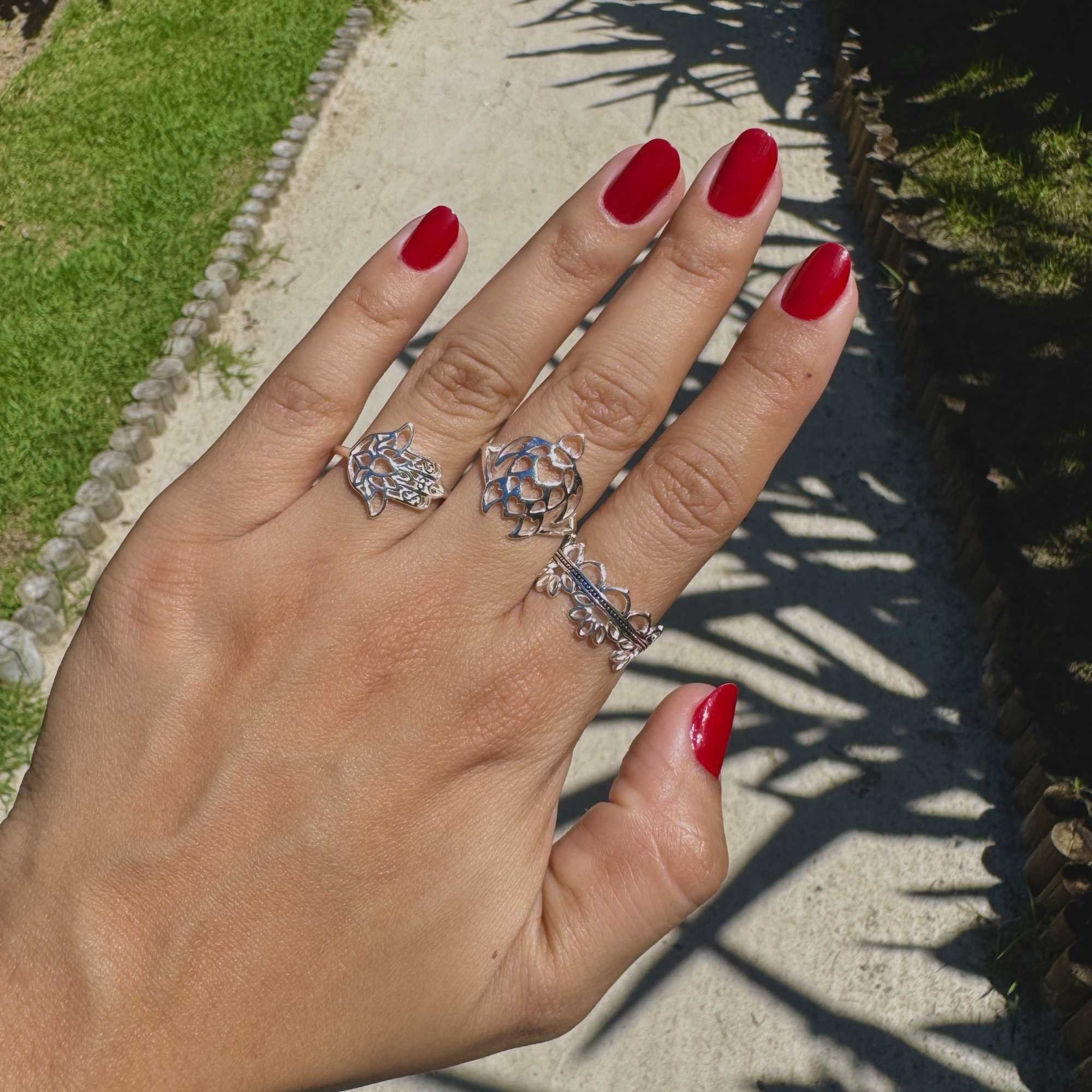 Anel Prata 925 Hamsá e Flor de Lótus Prata 925 5