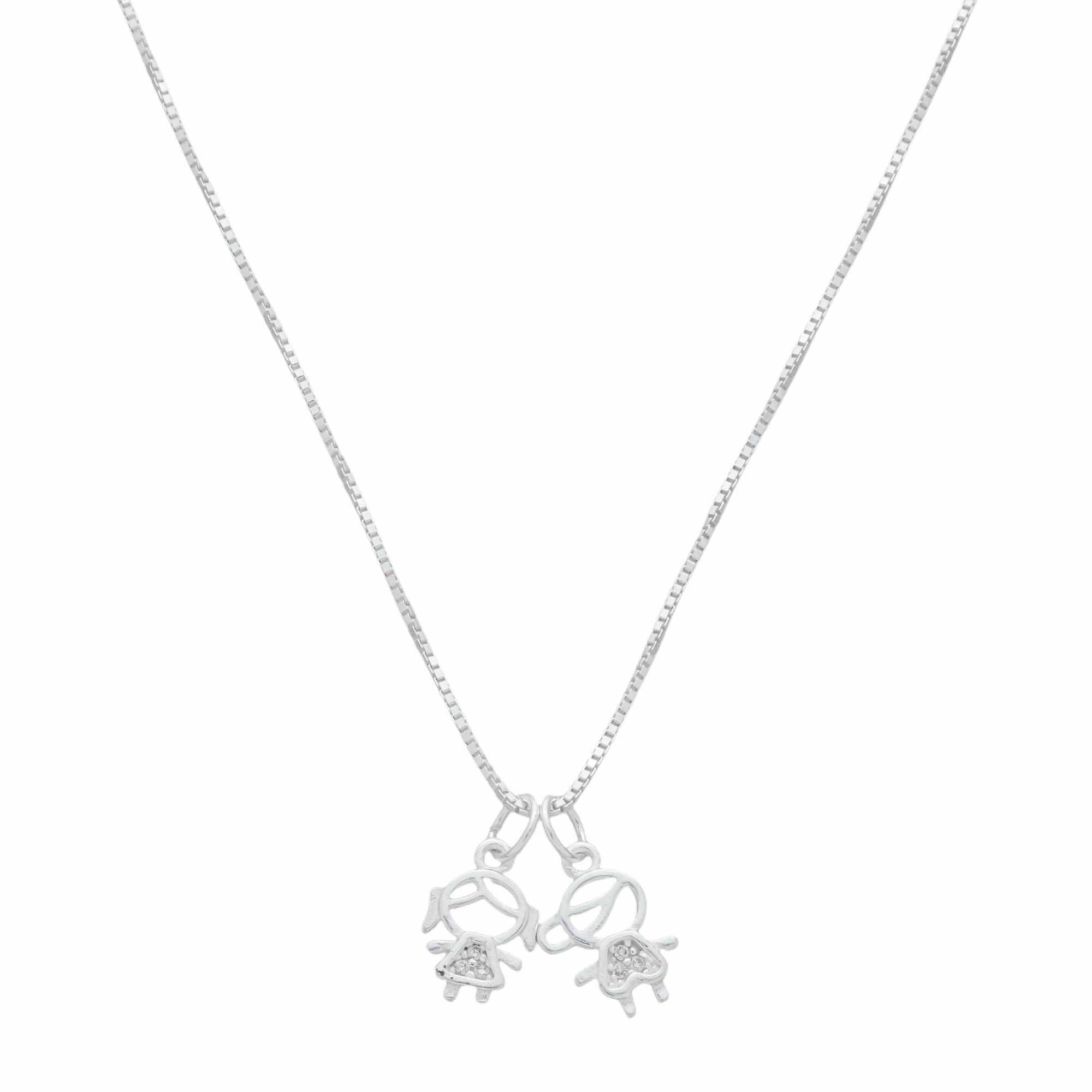 Colar Prata 925 Pingente Filha e Filho Detalhes Cravejados