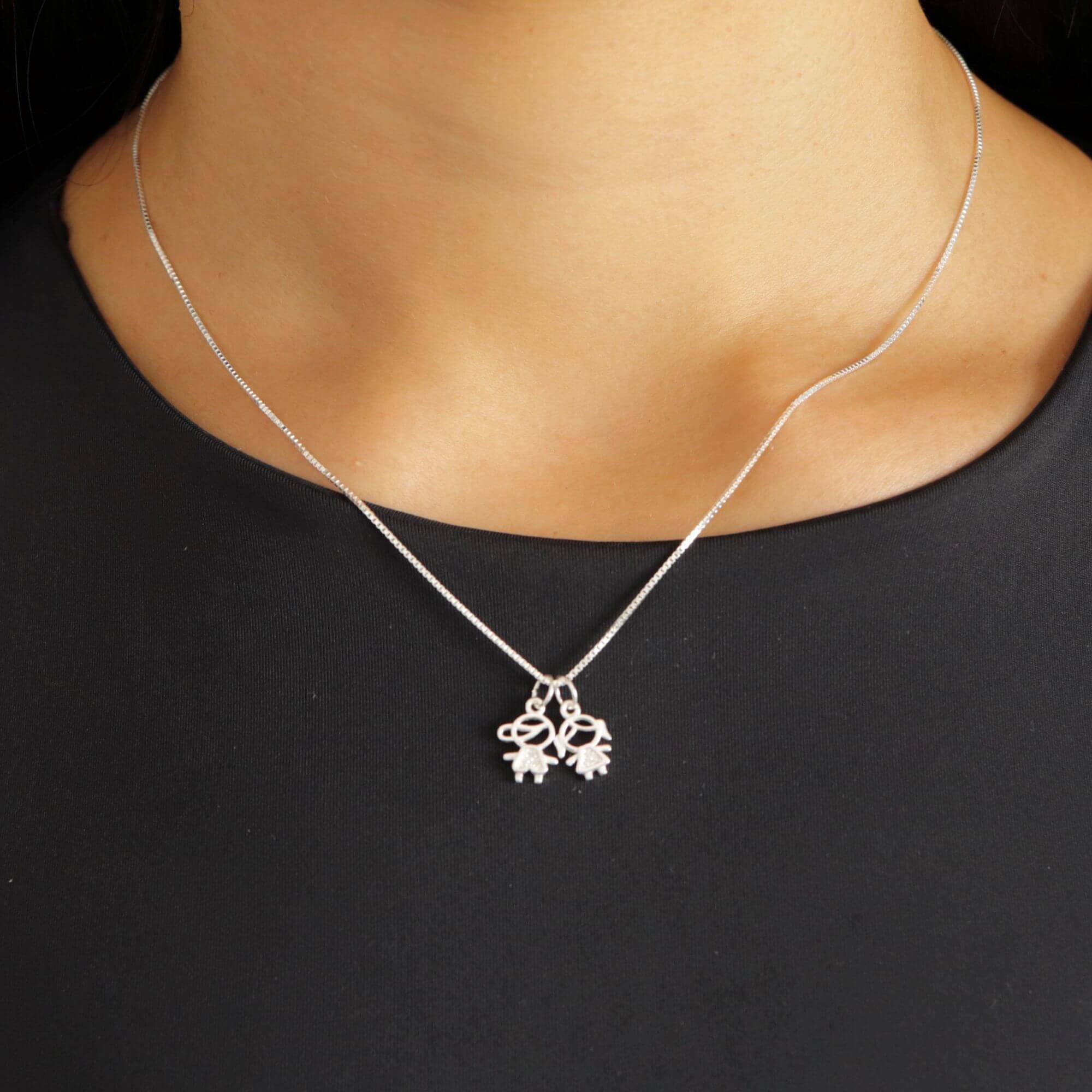 Colar Prata 925 Pingente Filha e Filho Detalhes Cravejados Prata 925 2