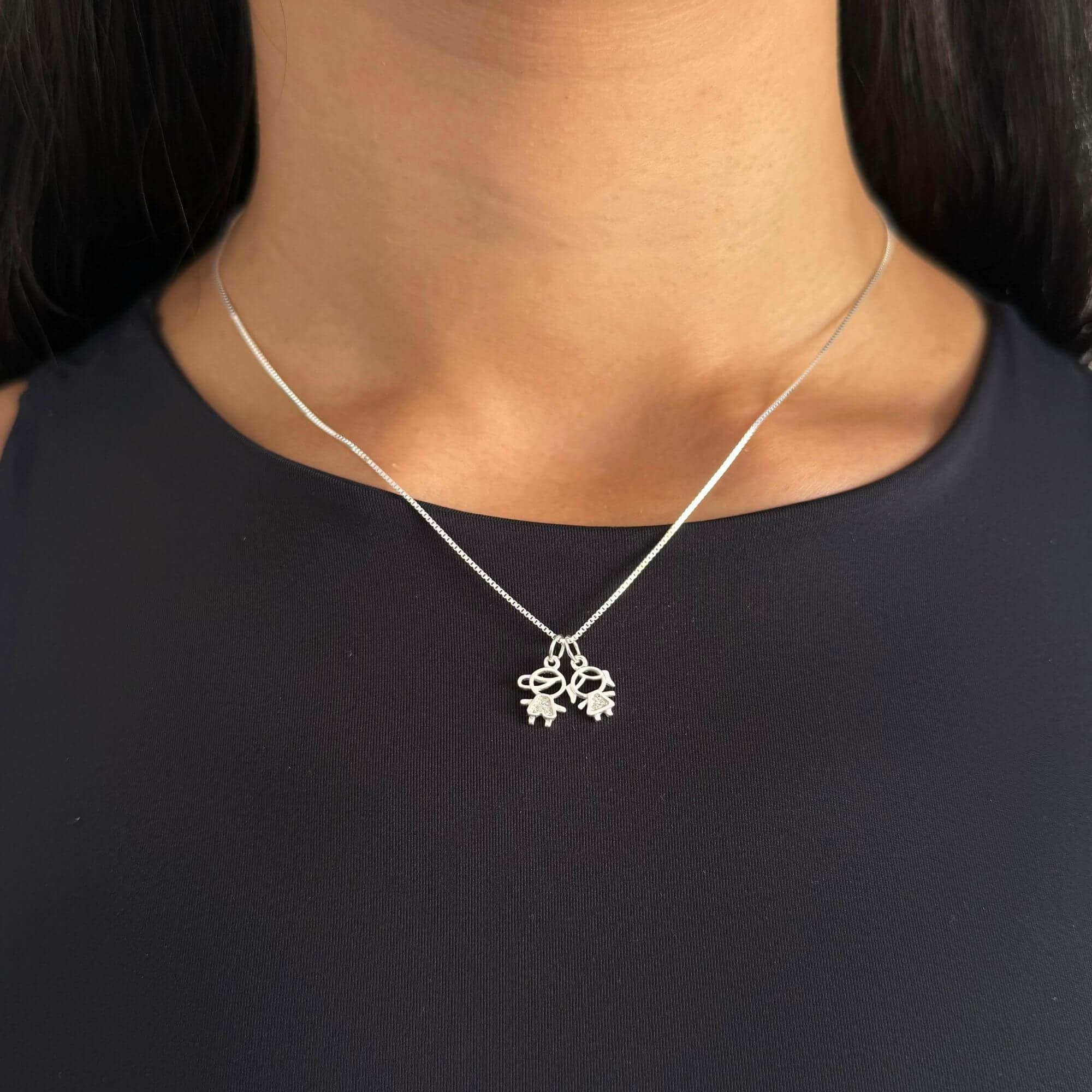 Colar Prata 925 Pingente Filha e Filho Detalhes Cravejados Prata 925 3