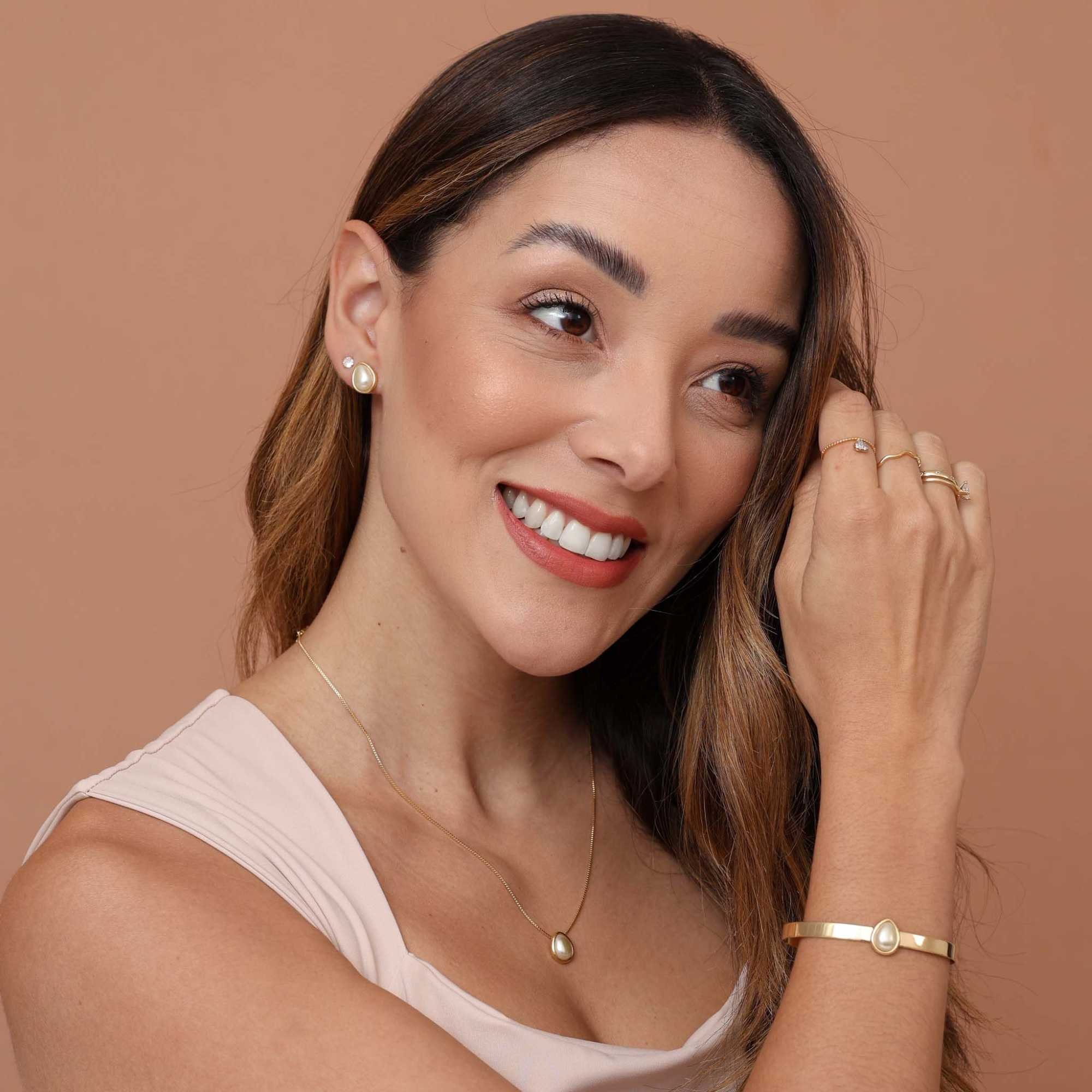 Bracelete Folheado a Ouro 18k Aro Largo Pérola Gota Dourado 3