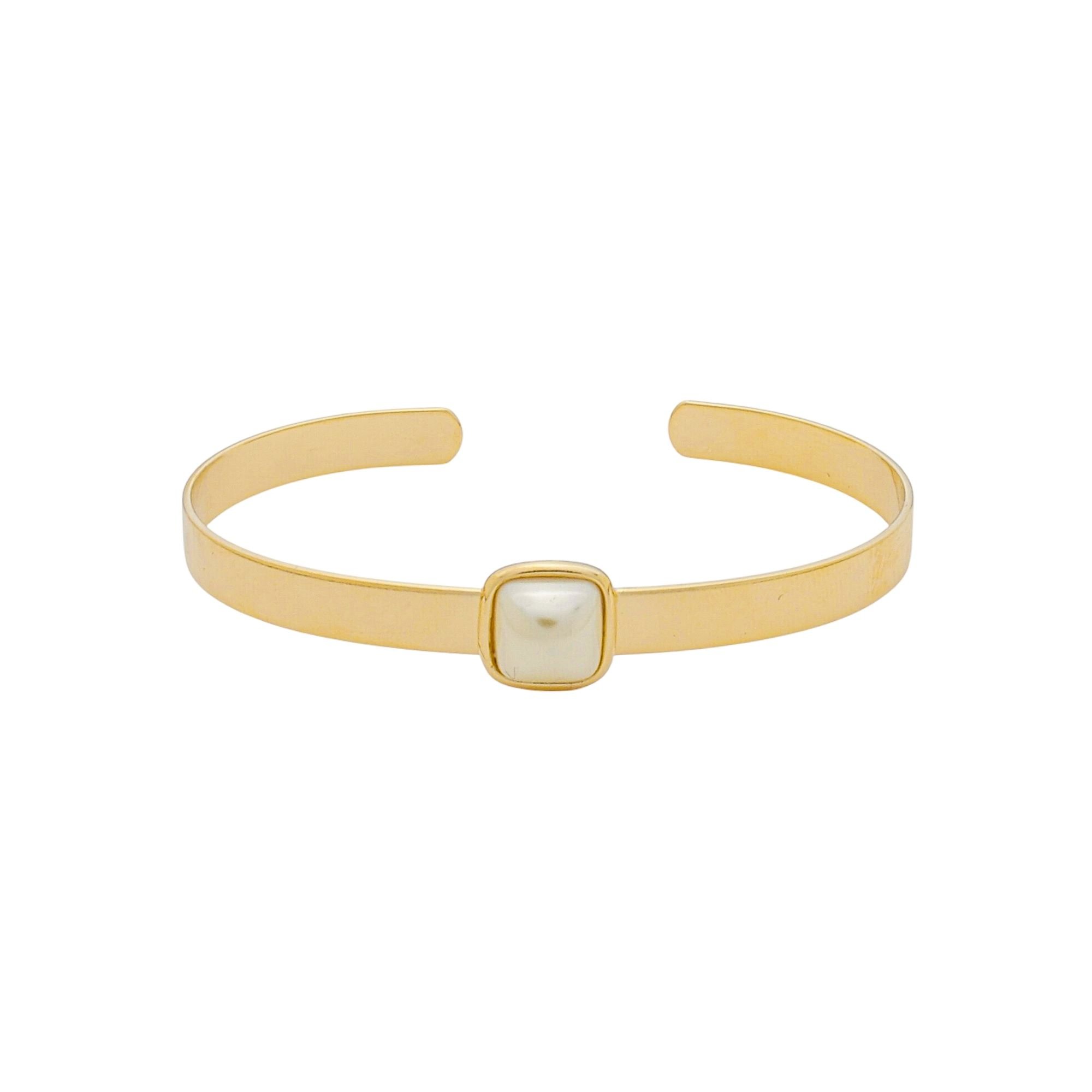 Bracelete Folheado a Ouro 18k Aro Largo Pérola Quadrada
