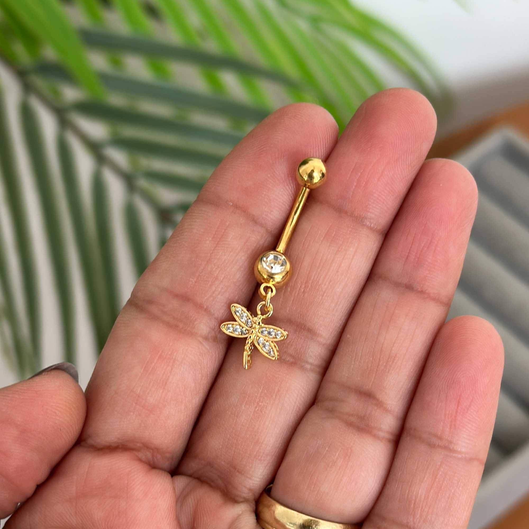 Piercing Umbigo Folheado a Ouro 18k Libélula Cravejada Dourado 2