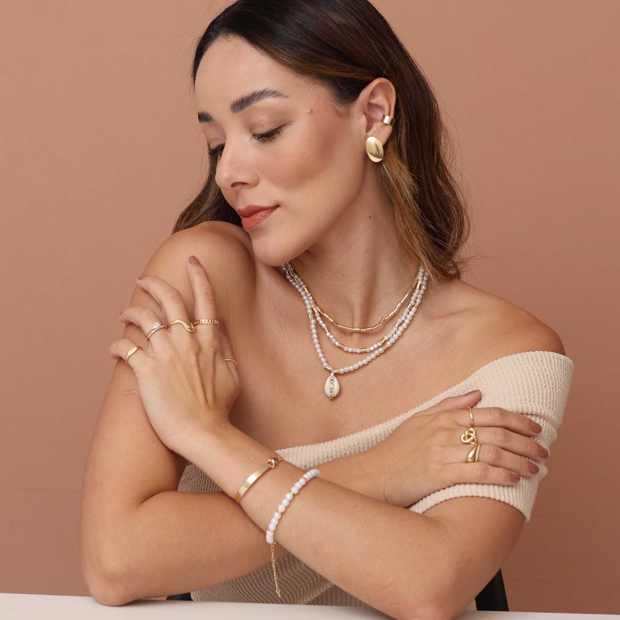 Pulseira Folheado a Ouro 18k Mini Canutilhos e Pérola Redonda Texturizada Dourado 5