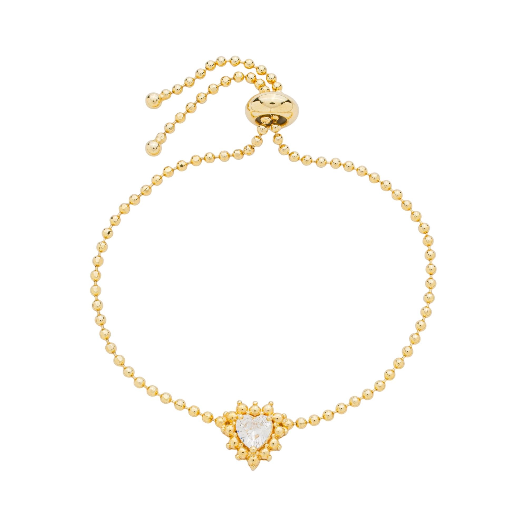 Pulseira Folheado a Ouro 18k Regulável Corrente Bolinhas Coração Zircônia