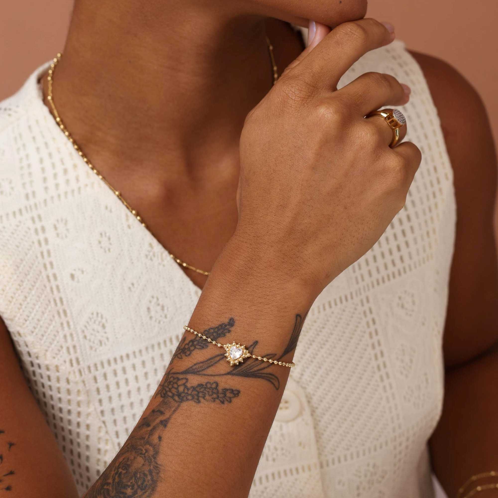 Pulseira Folheado a Ouro 18k Regulável Corrente Bolinhas Coração Zircônia Dourado 3