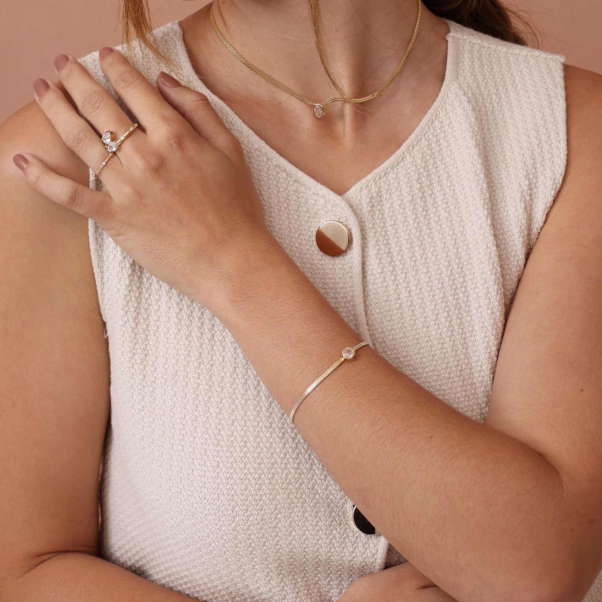 Pulseira Folheado a Ouro 18k Malha Rígida Zircônia Redonda Dourado 4