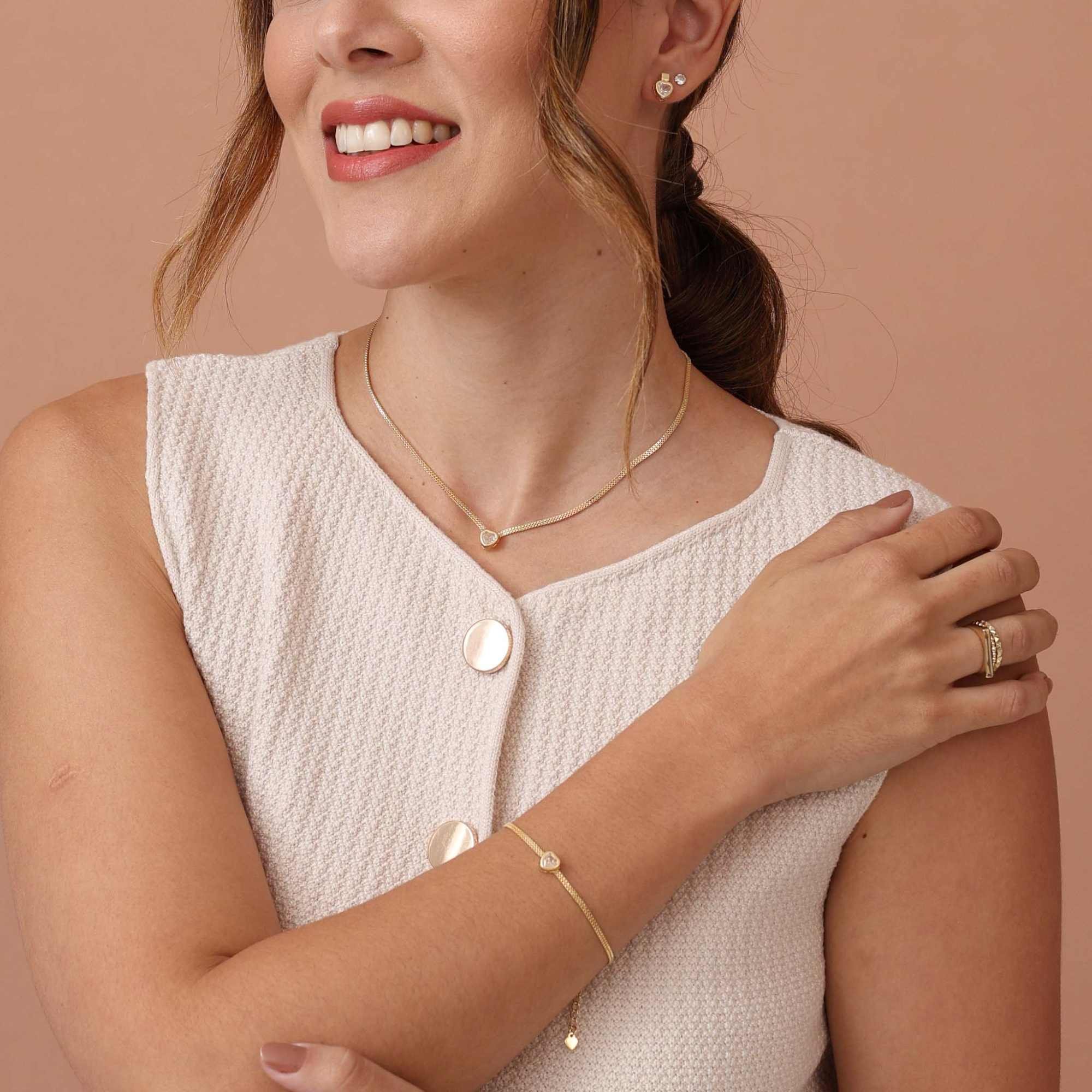 Pulseira Folheado a Ouro 18k Malha Rígida Zircônia Coração Dourado 3