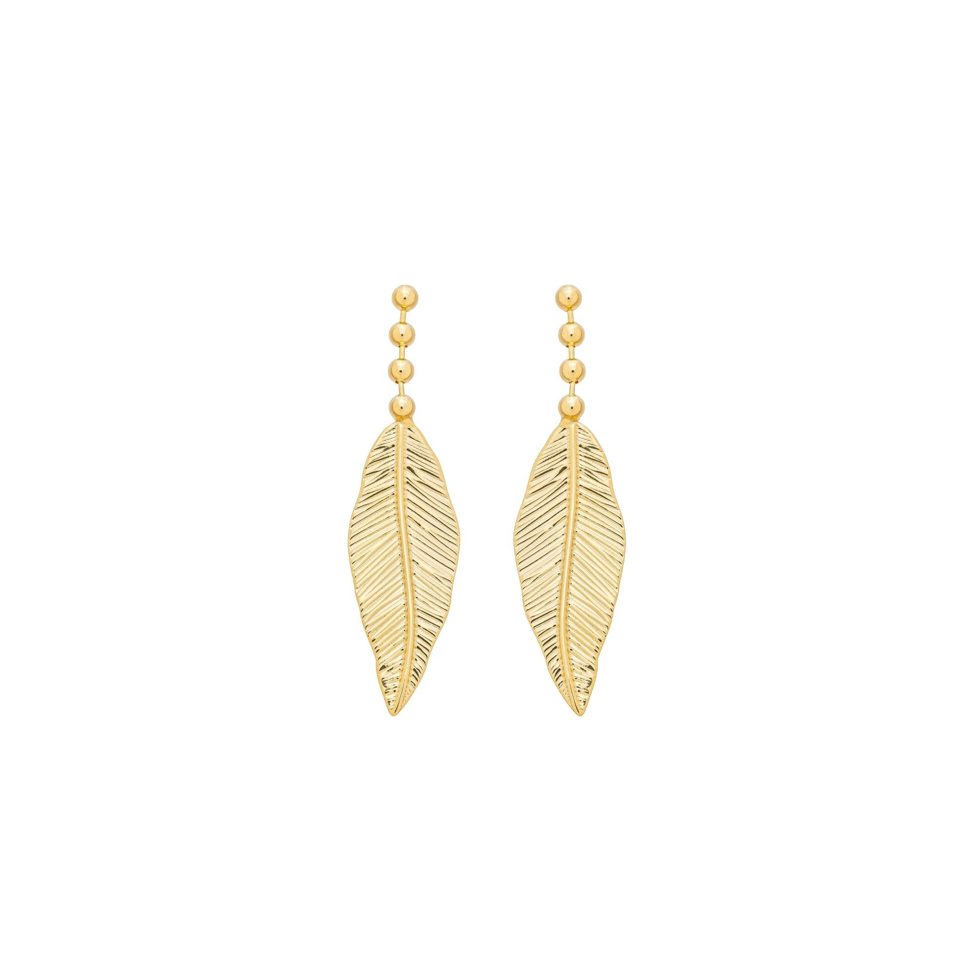 Brinco Folheado a Ouro 18k Longo Bolinhas e Folha Texturada