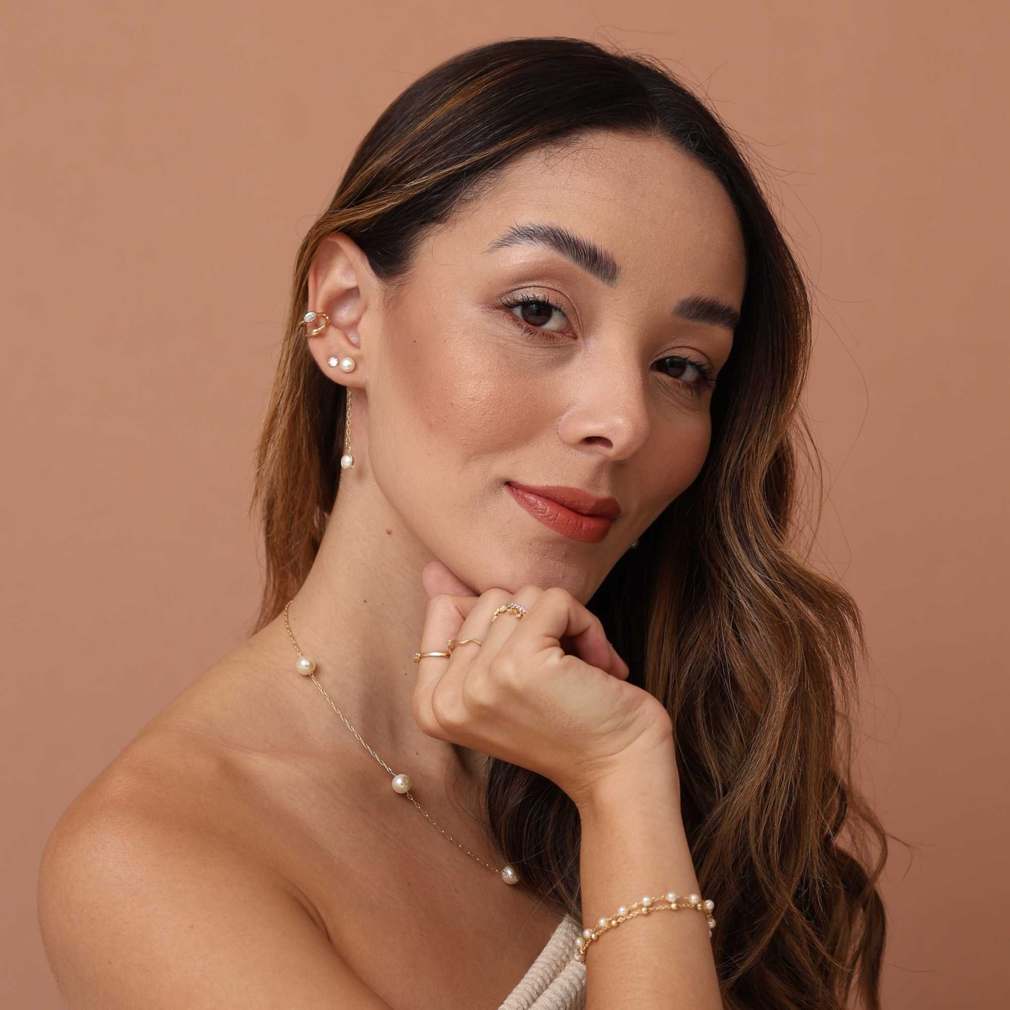 Brinco Folheado a Ouro 18k 2 em 1 Longo Elo Português Pérola Dupla Dourado 3