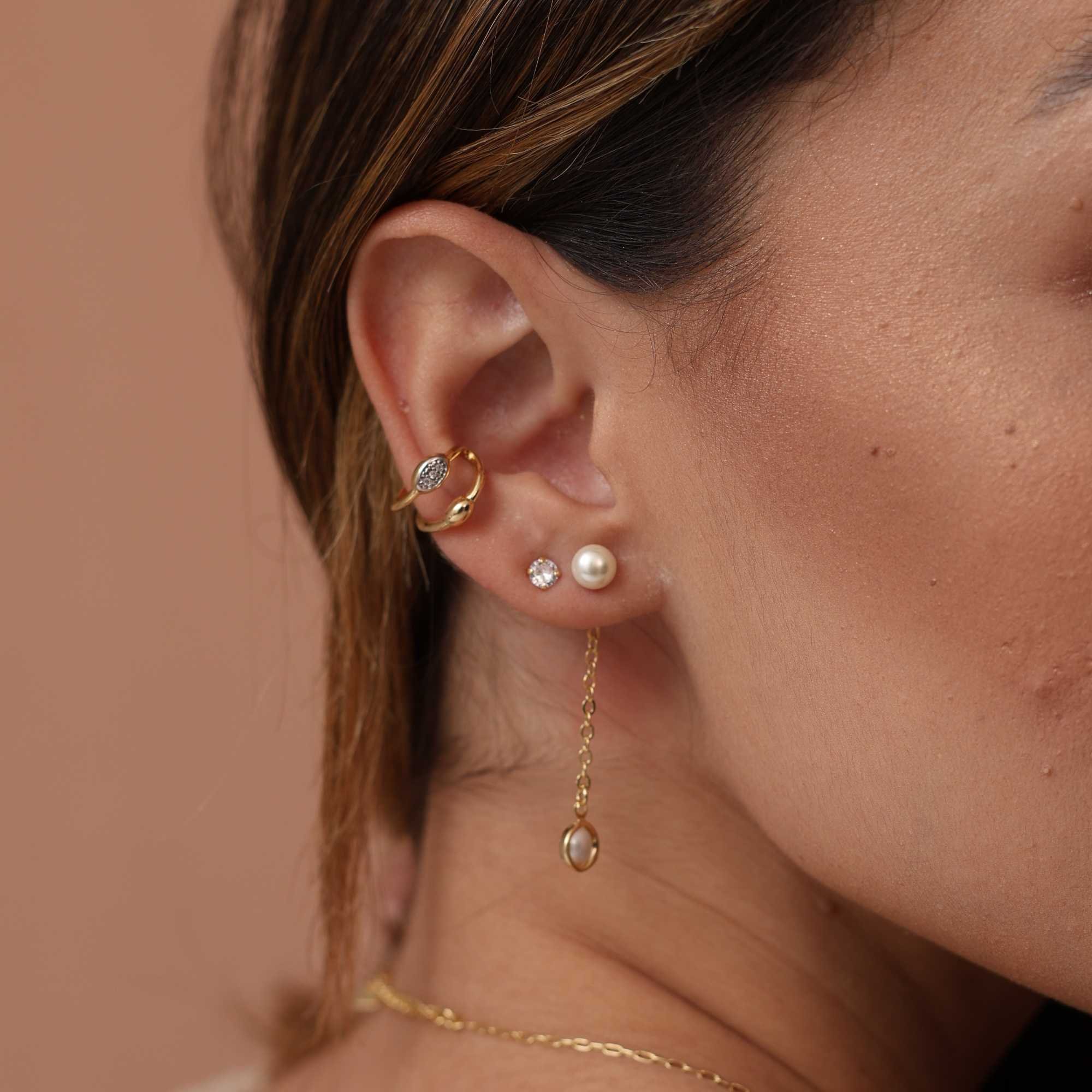 Brinco Folheado a Ouro 18k 2 em 1 Longo Elo Português Pérola Dupla Dourado 5