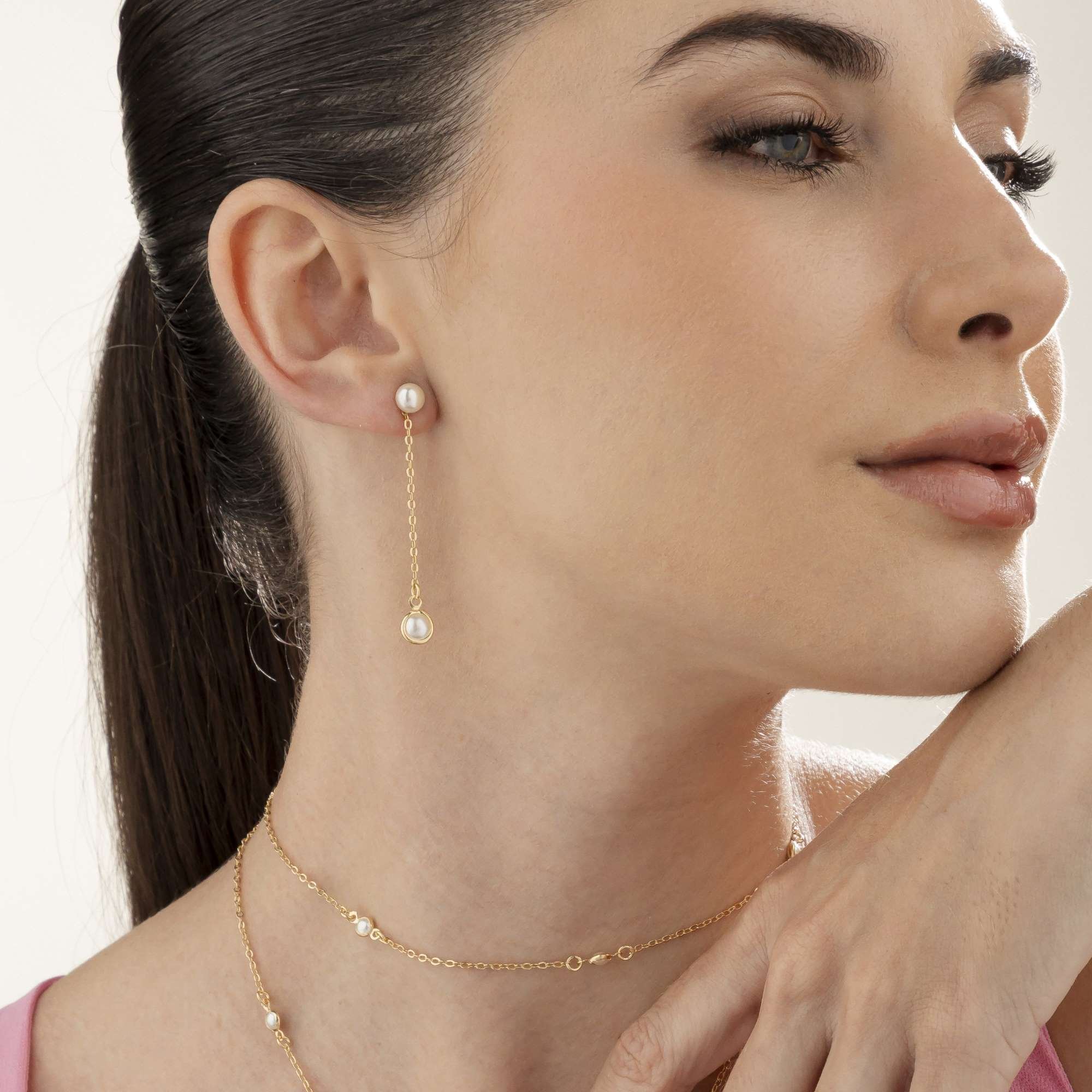 Brinco Folheado a Ouro 18k 2 em 1 Longo Elo Português Pérola Dupla Dourado 6