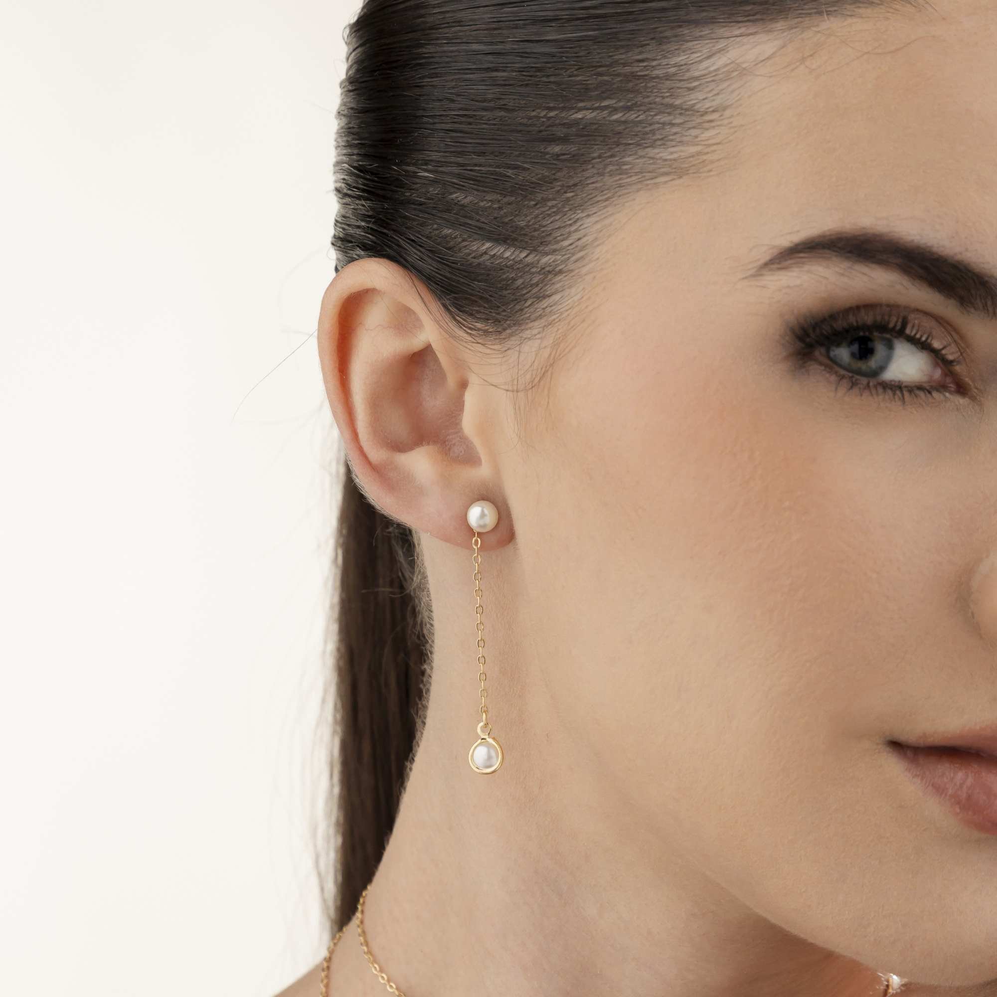 Brinco Folheado a Ouro 18k 2 em 1 Longo Elo Português Pérola Dupla Dourado 7