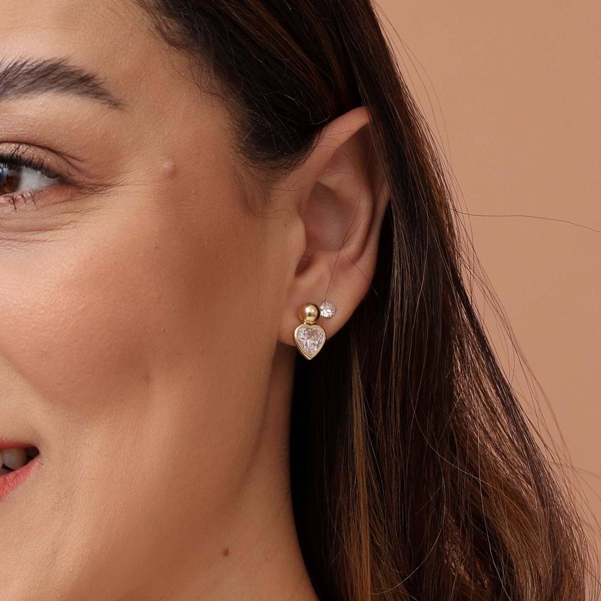 Brinco Folheado a Ouro 18k Bolinha e Zircônia Coração G Dourado 2