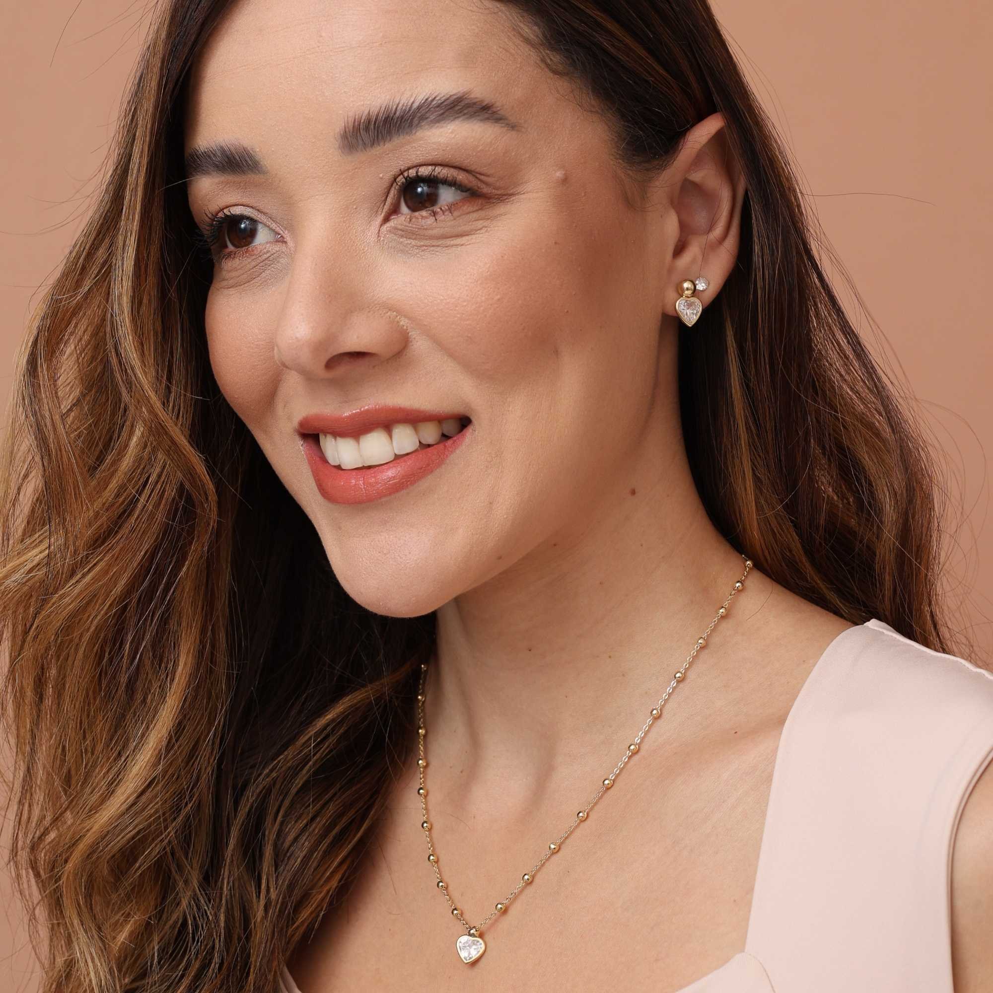 Brinco Folheado a Ouro 18k Bolinha e Zircônia Coração G Dourado 3