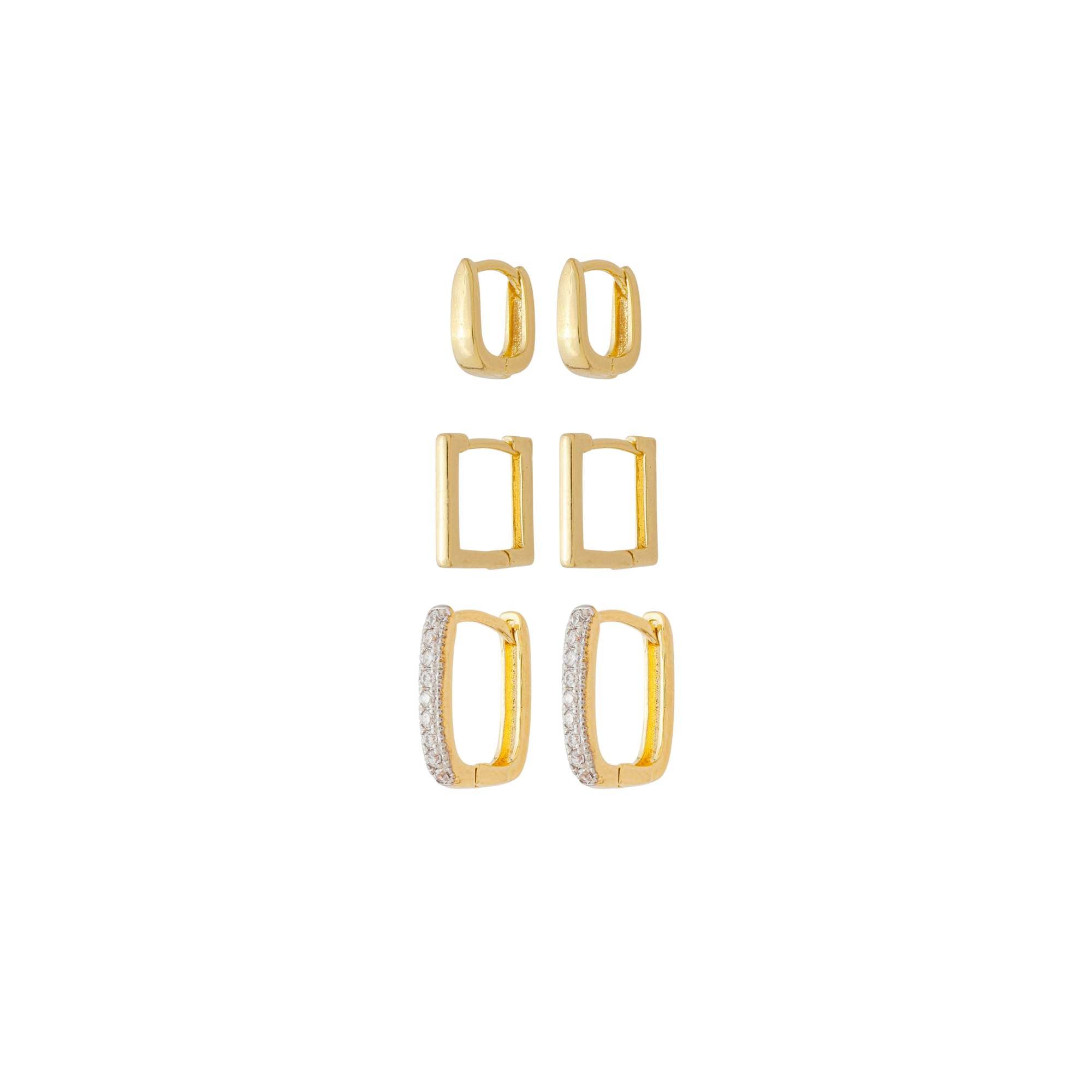 Kit 3 Argolinhas Folheado a Ouro 18k Aro Quadrado + Aro Cravejado