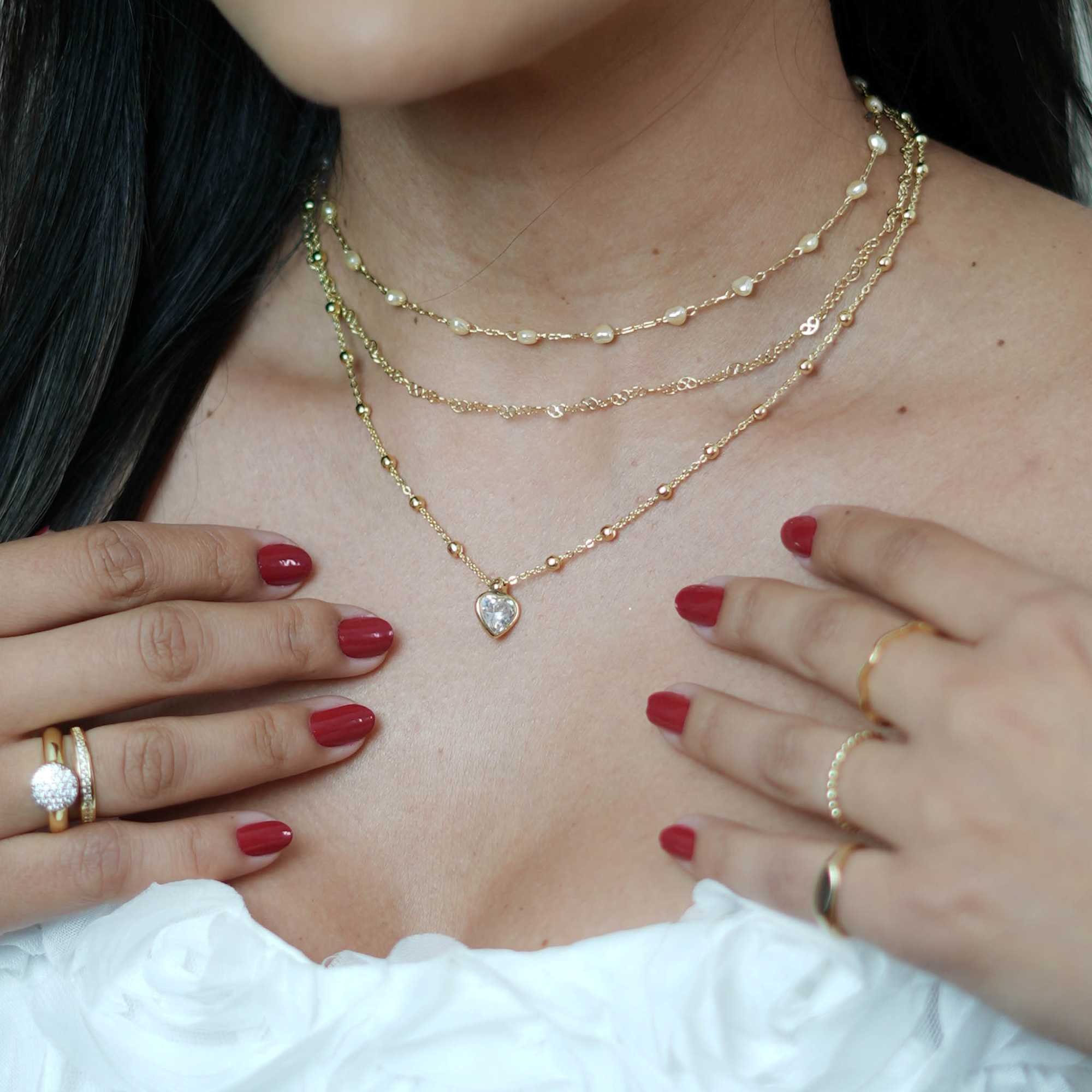 Colar Folheado a Ouro 18k Bolinha e Zircônia Coração G Dourado 2