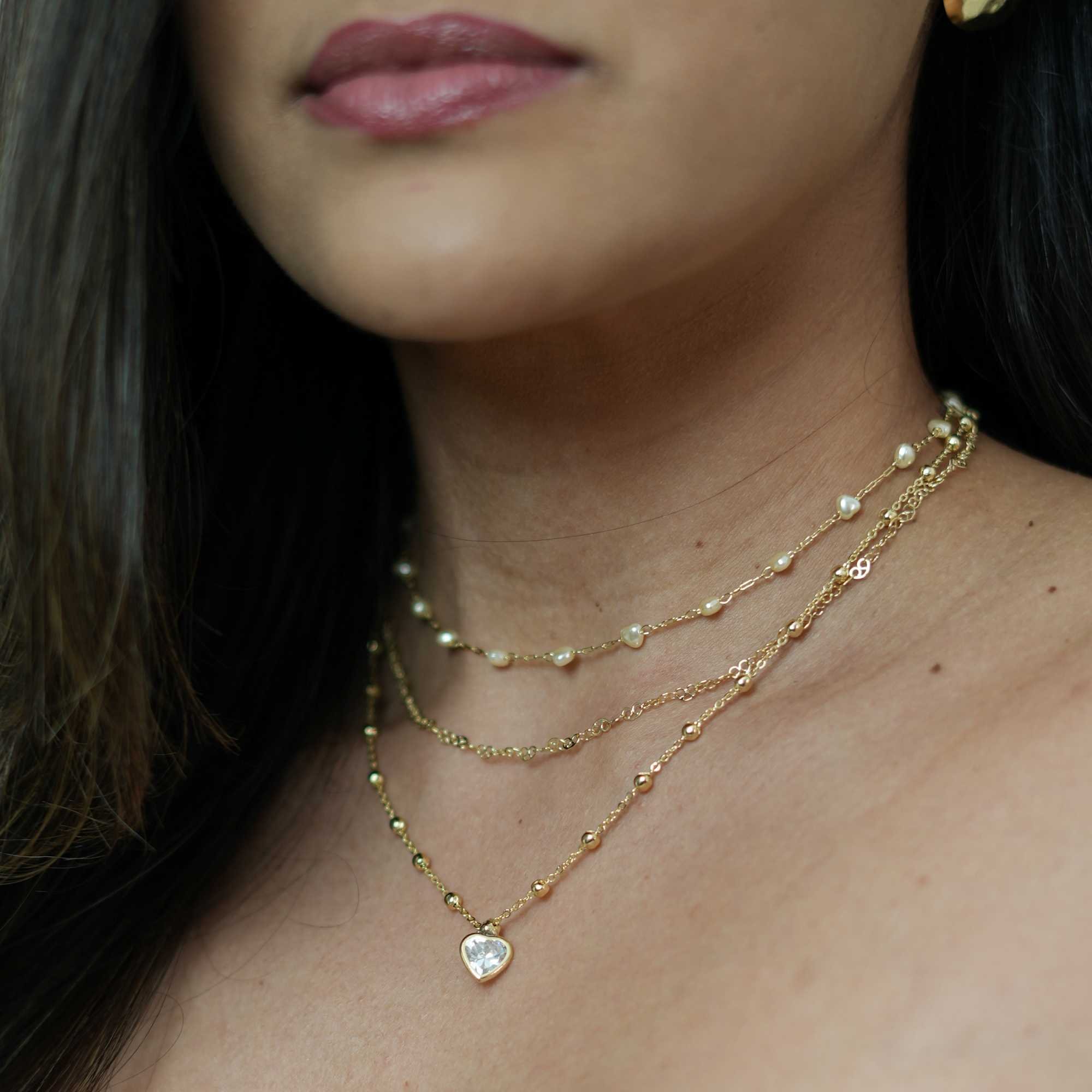 Colar Folheado a Ouro 18k Bolinha e Zircônia Coração G Dourado 3