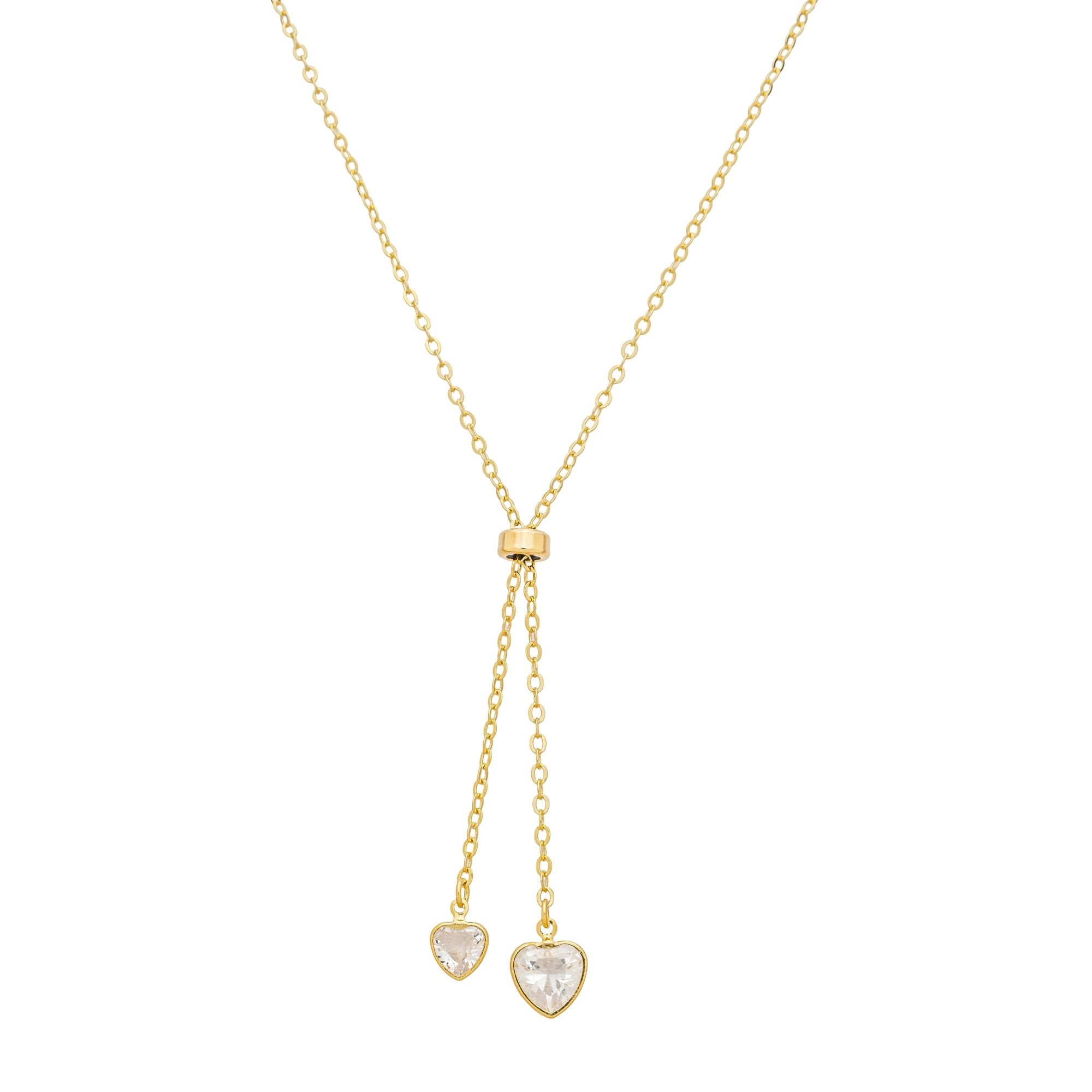 Colar Gravatinha Folheado a Ouro 18k Elo Português e Duplo Coração Zircônia