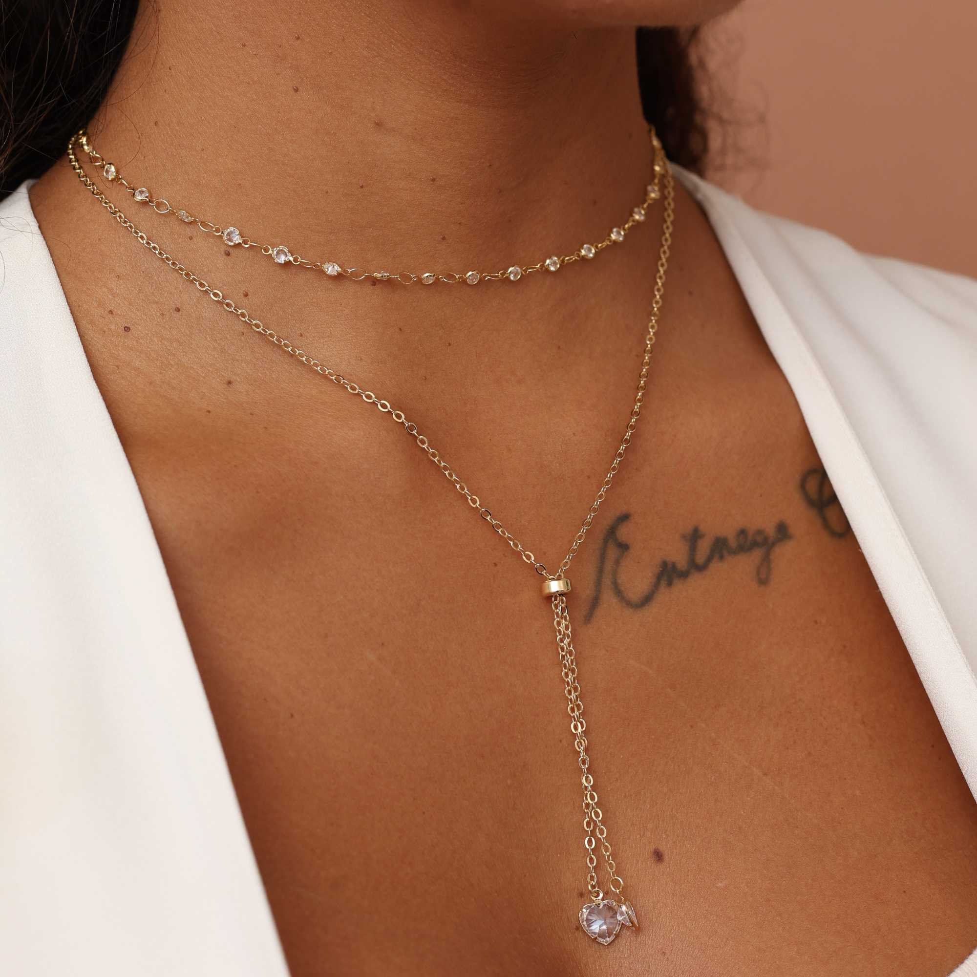 Colar Gravatinha Folheado a Ouro 18k Elo Português e Duplo Coração Zircônia Dourado 2