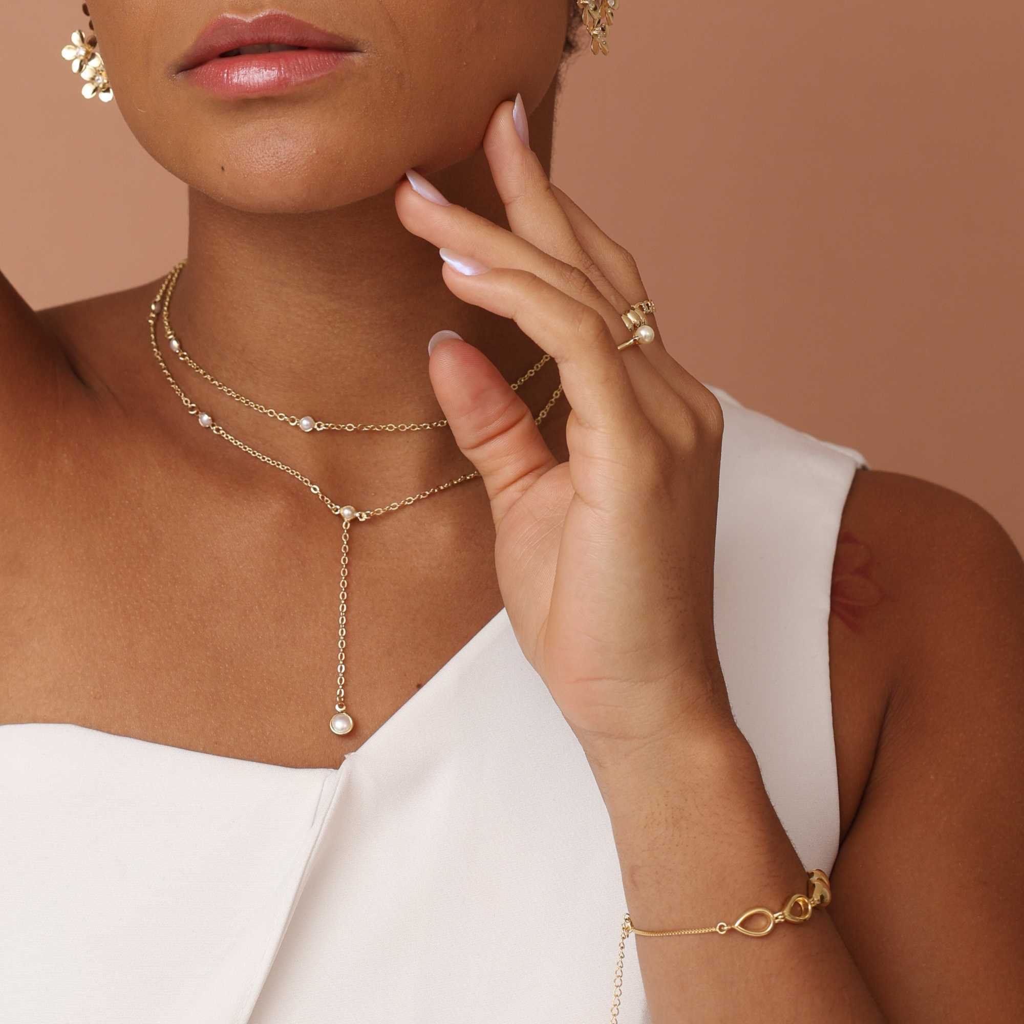 Colar Gravatinha Folheado a Ouro 18k Elo Português Pérola Dourado 2