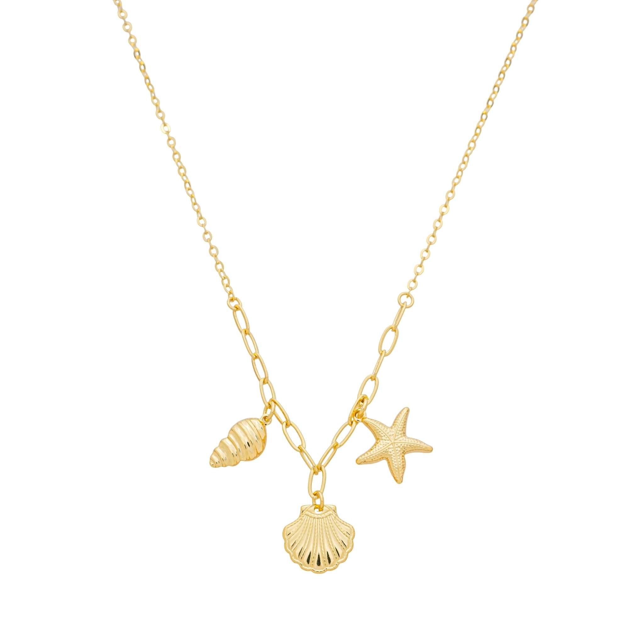 Colar Folheado a Ouro 18k Pingentes Estrela do Mar, Concha e Caracol