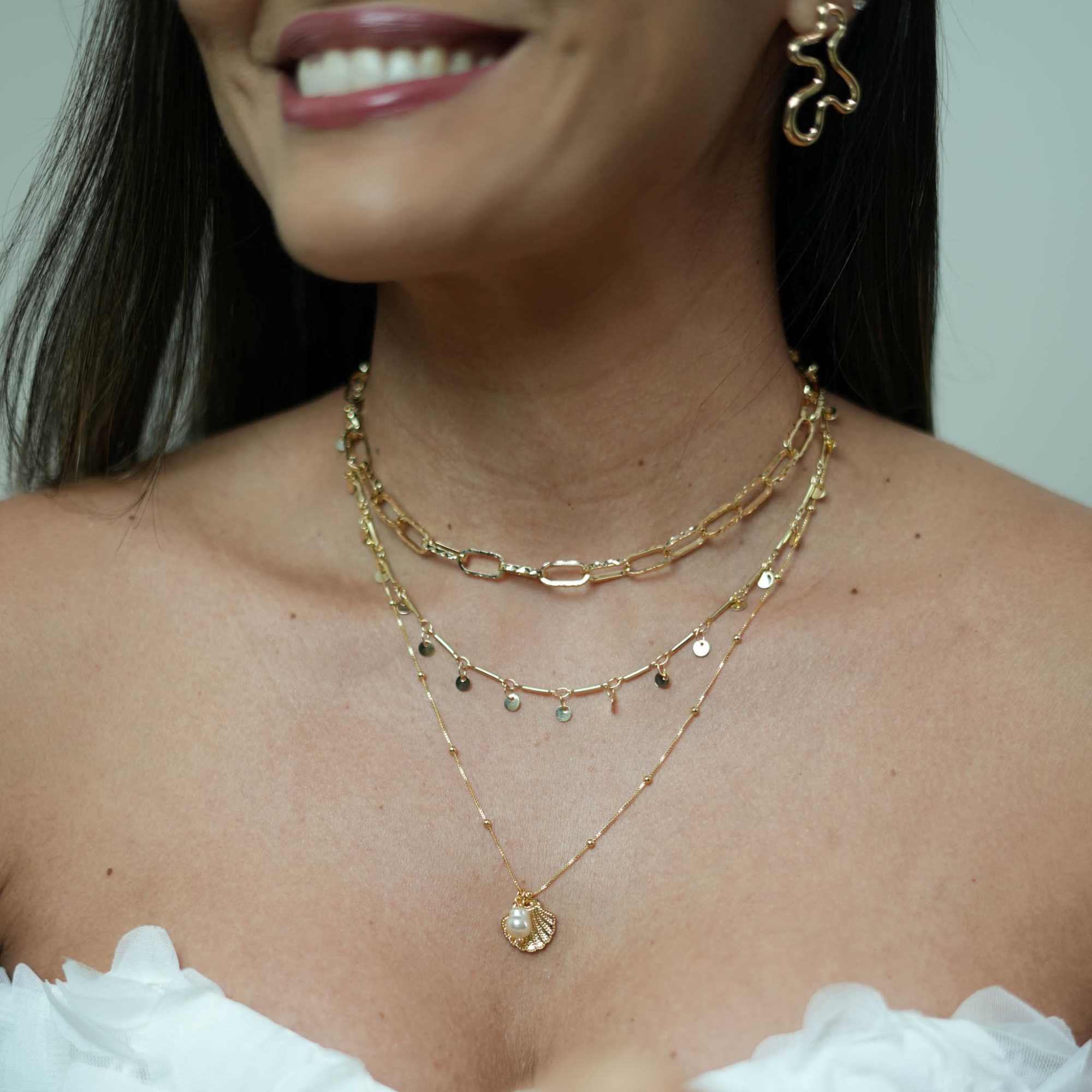 Colar Folheado a Ouro 18k Pérola e Concha Dourado 2