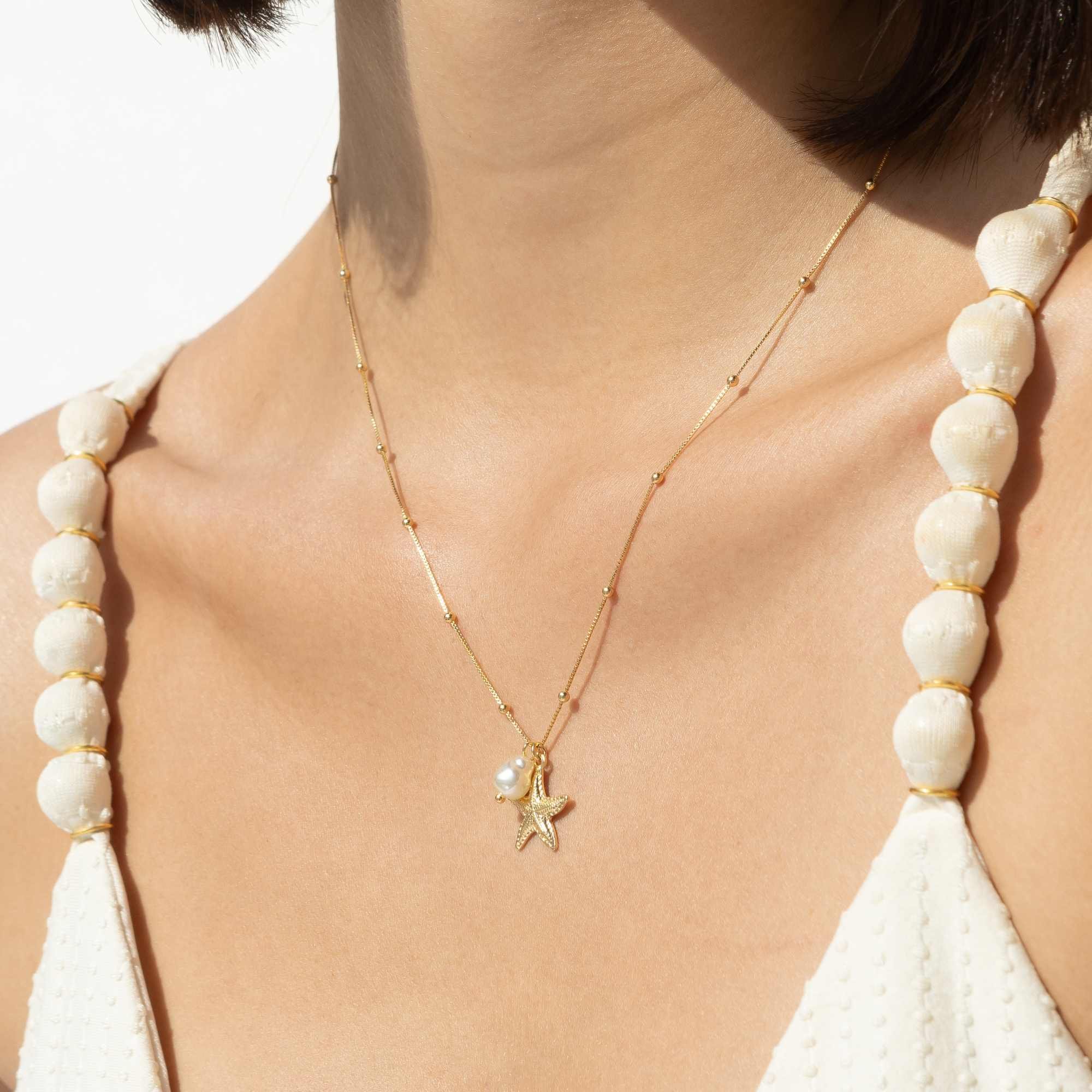 Colar Folheado a Ouro 18k Pérola e Estrela do Mar Dourado 3