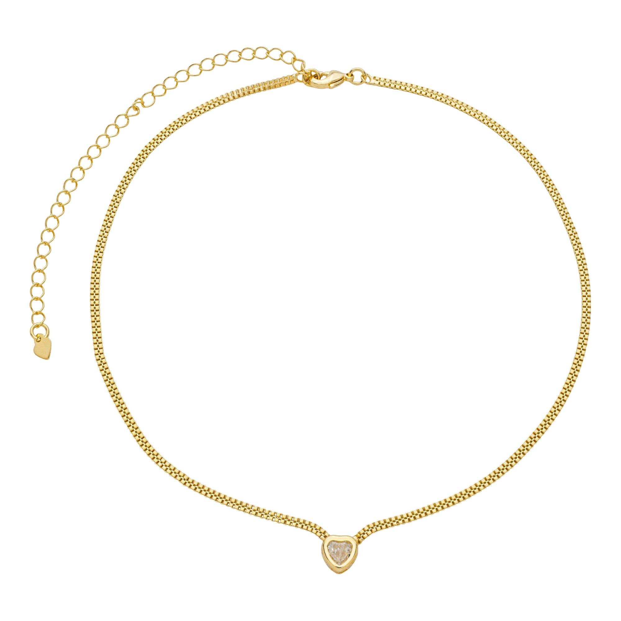 Choker Folheado a Ouro 18k Malha Rígida Zircônia Coração