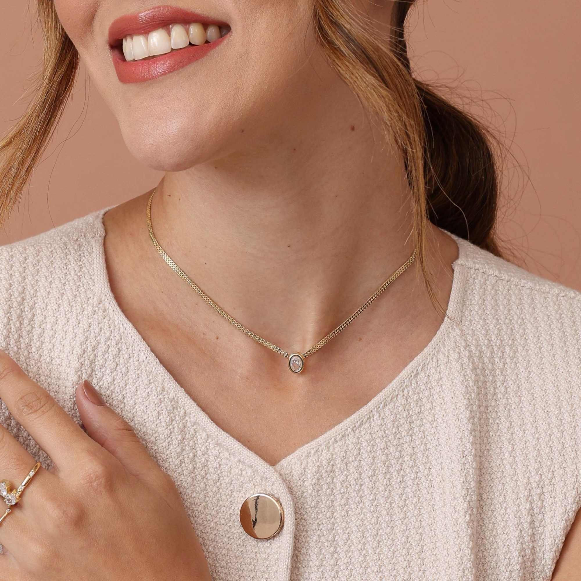 Choker Folheado a Ouro 18k Malha Rígida Zircônia Redonda Dourado 6