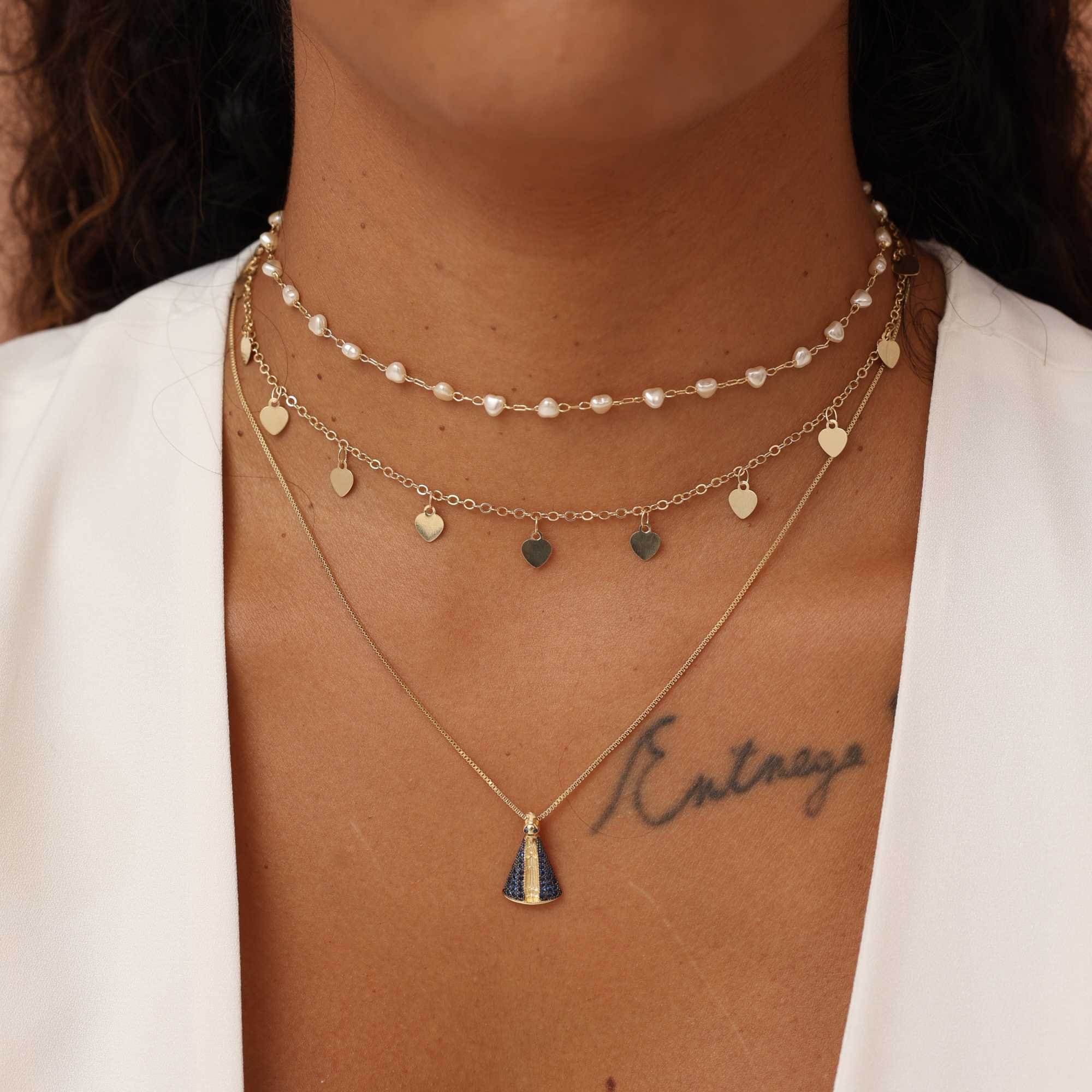 Choker Folheado a Ouro 18k Elo Português Medalha Coração Espelhado Dourado 2