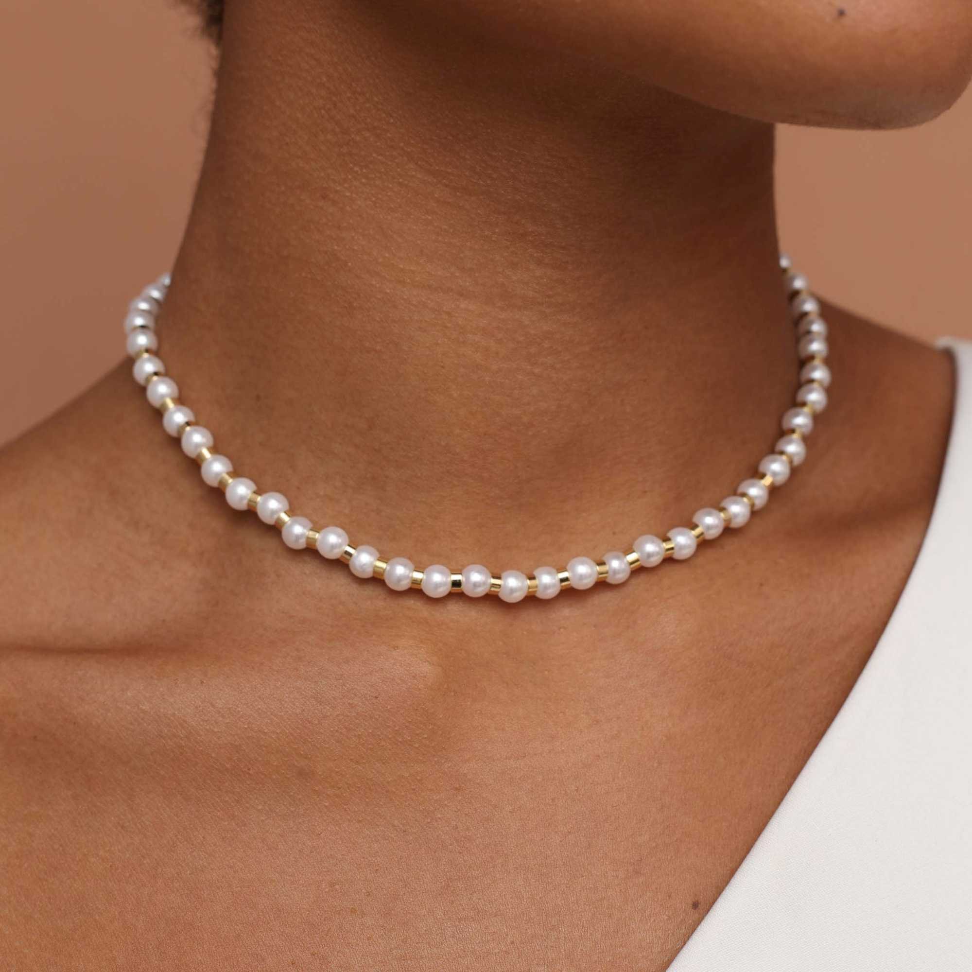 Colar Folheado a Ouro 18k Canutilho e Pérola Redonda 6mm Dourado 2