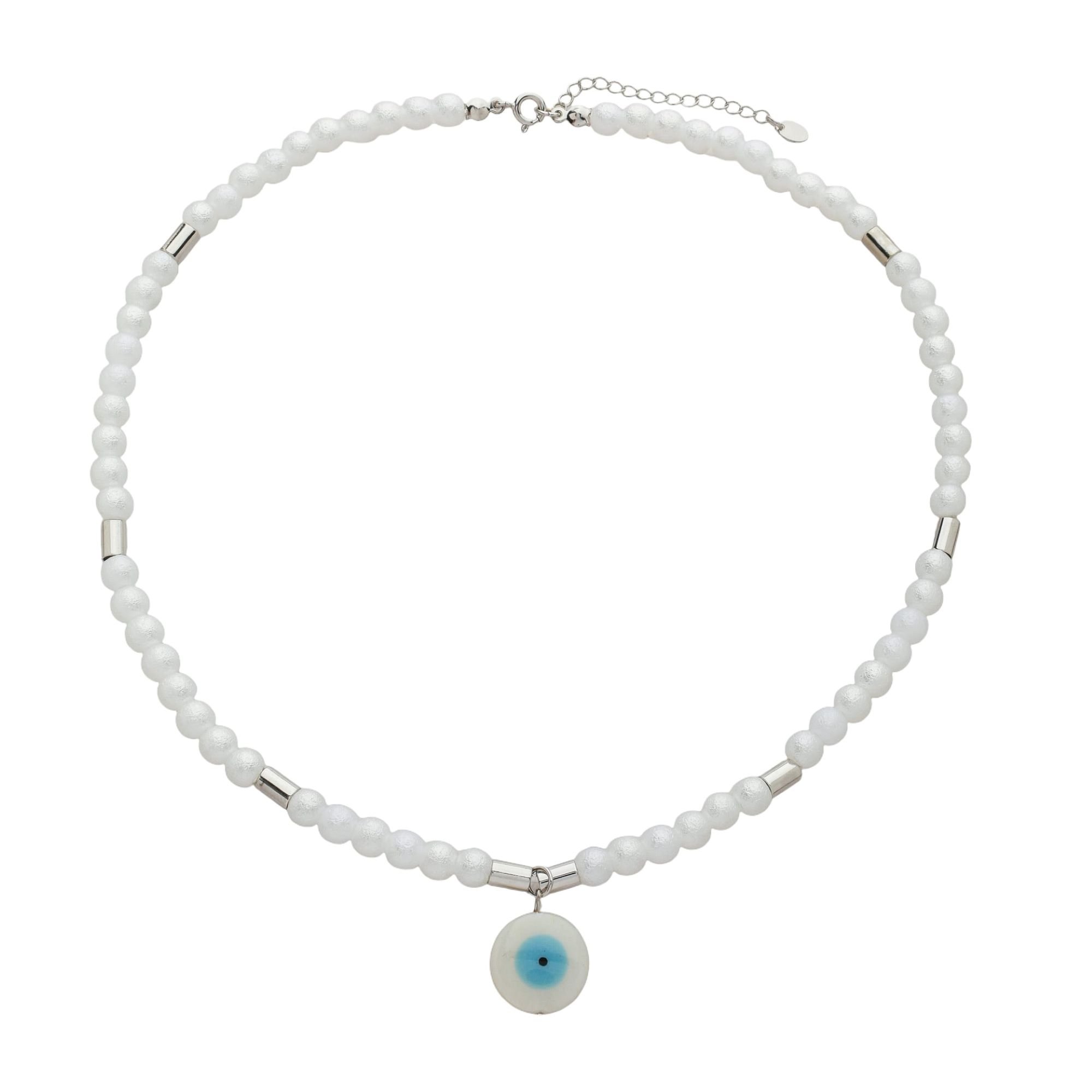 Colar Folheado a Ródio Pérola Redonda Texturizada Canutilhos e Pingente Olho Grego