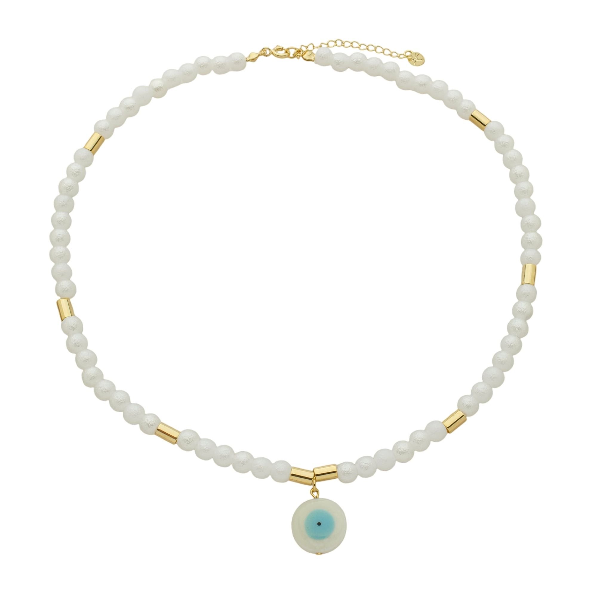 Colar Folheado a Ouro 18k Pérola Redonda Texturizada Canutilhos e Pingente Olho Grego