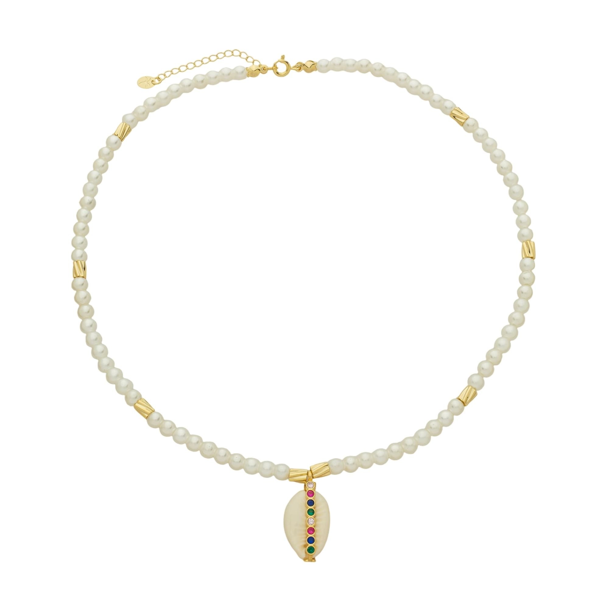 Colar Folheado a Ouro 18k Pérola Canutilho Texturizado e Pingente Búzio Zircônias Coloridas