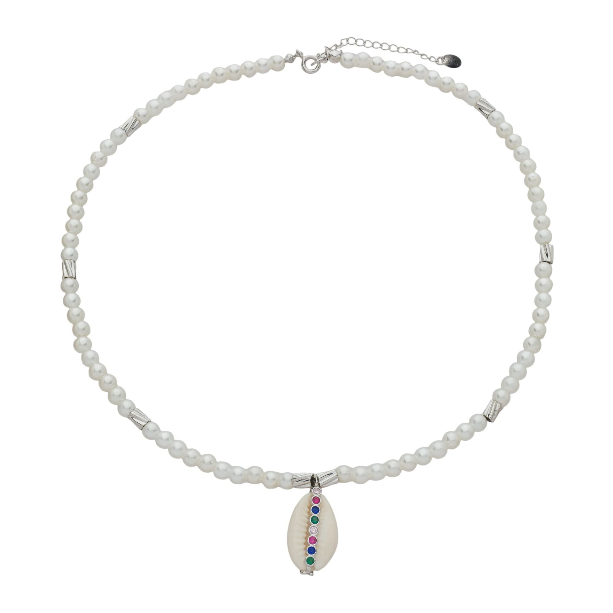 Colar Folheado a Ródio Pérola Canutilho Texturizado e Pingente Buzio Zircônias Coloridas
