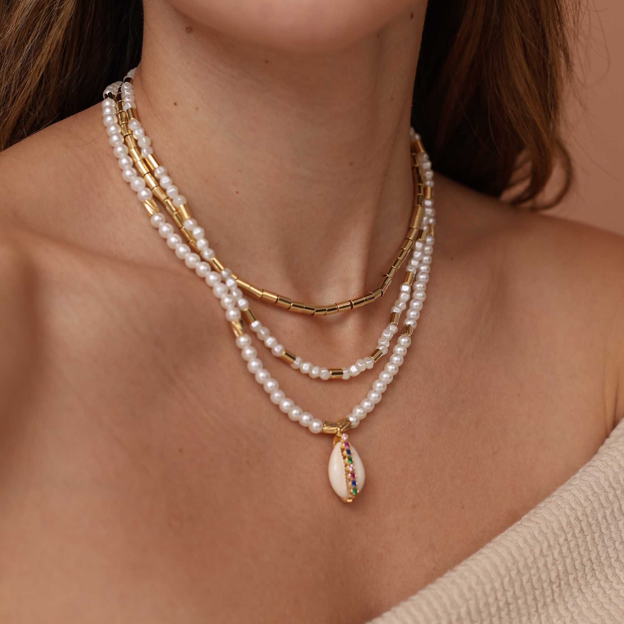 Colar Folheado a Ouro 18k Detalhes Mini Canutilho e Pérola Barroca Dourado 3