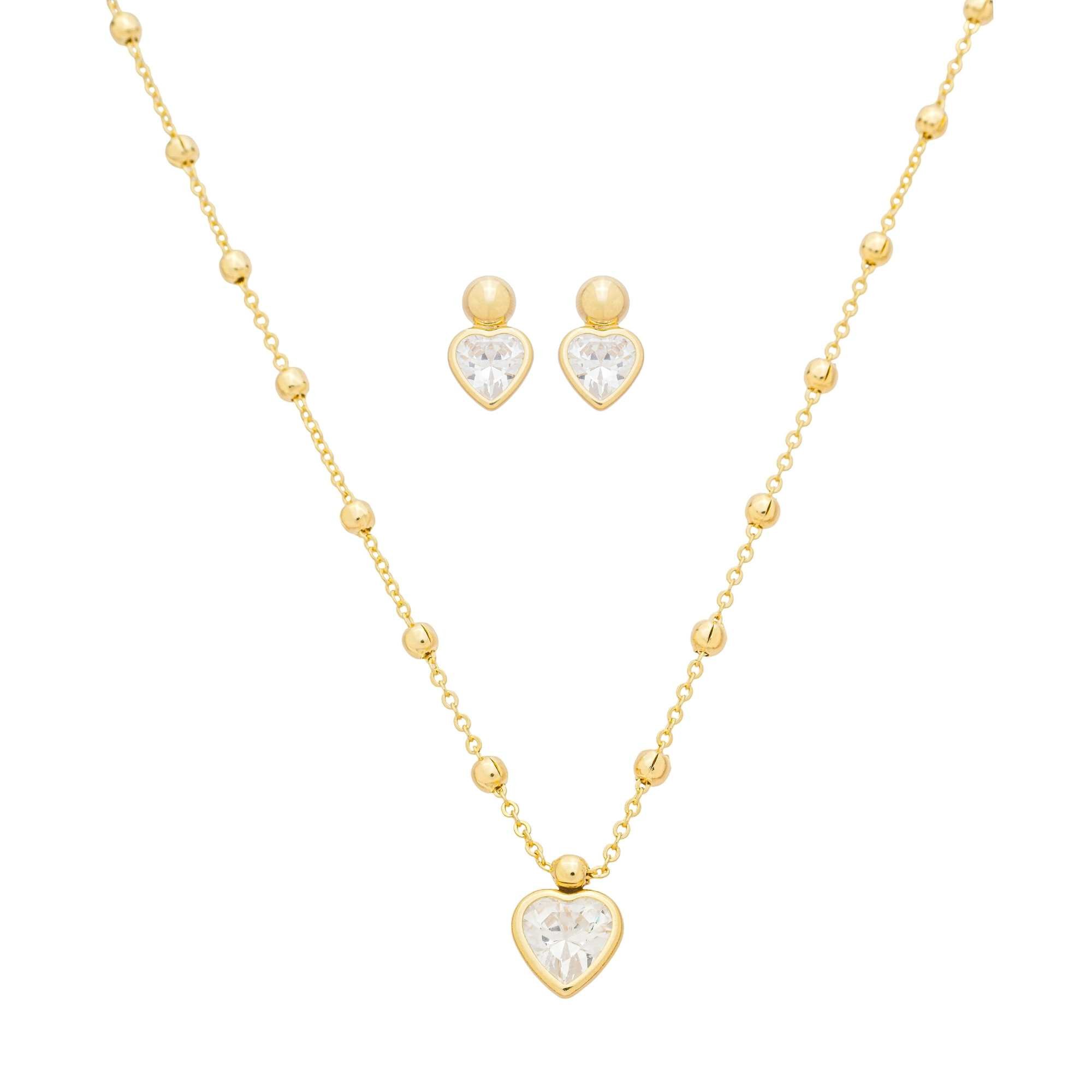 Conjunto Folheado a Ouro 18k Bolinha e Zircônia Coração G