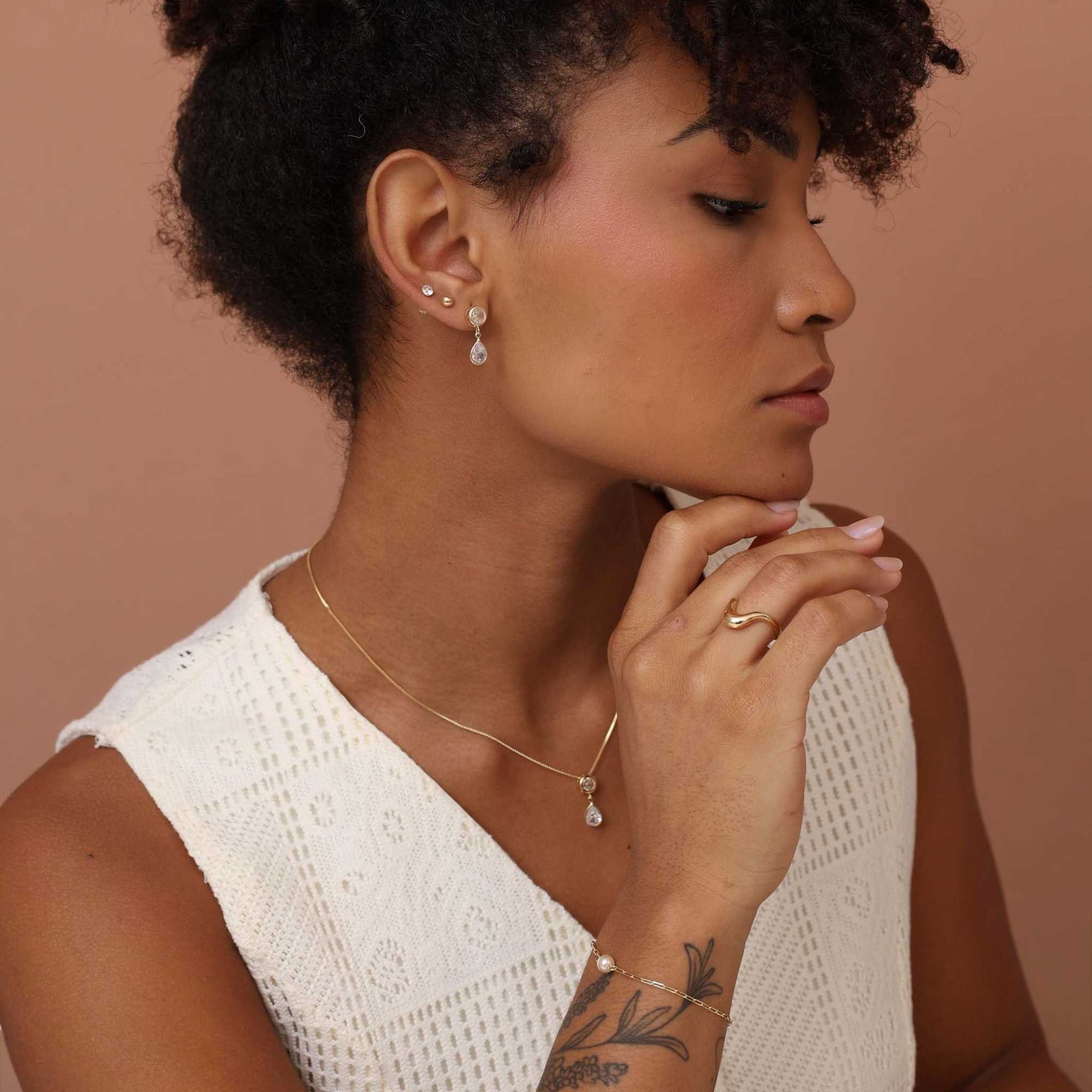 Conjunto Folheado a Ouro 18k Bolinha e Zircônia Gota G Dourado 4