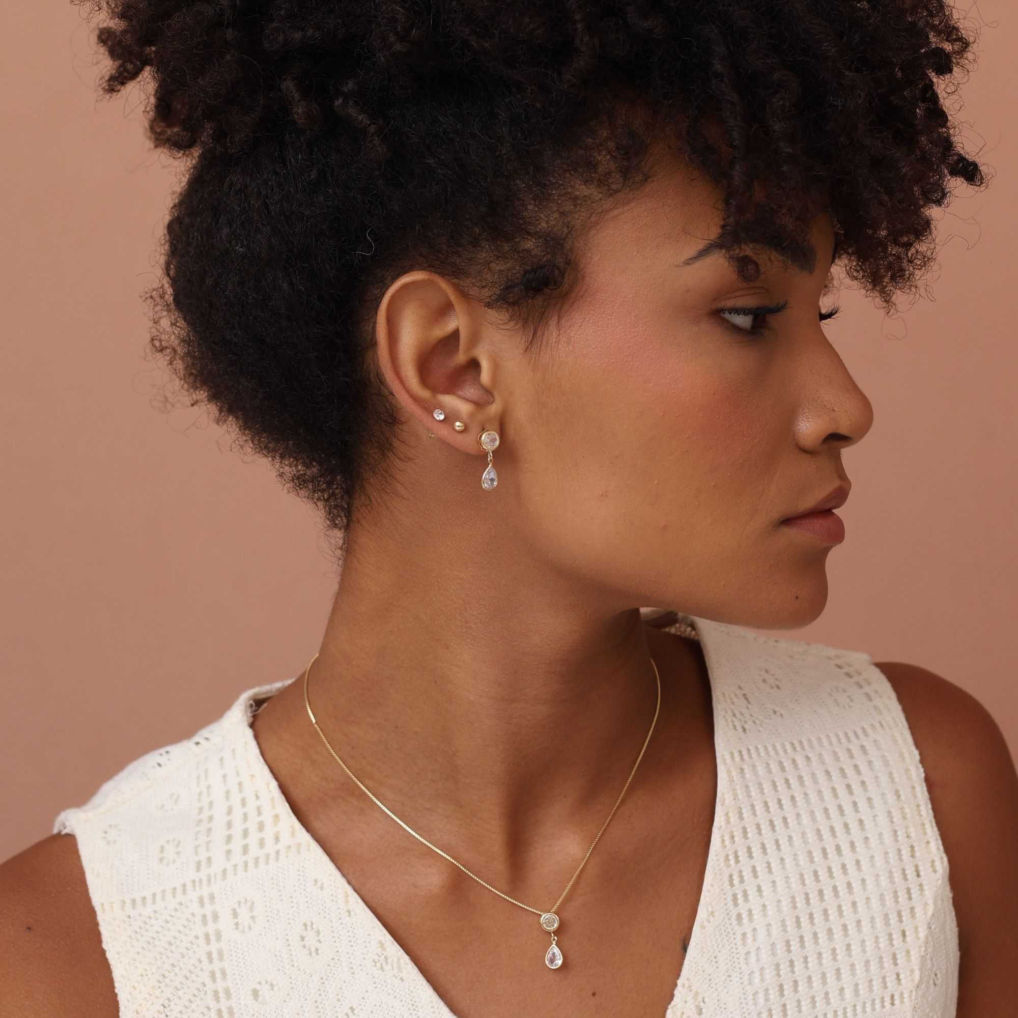 Conjunto Folheado a Ouro 18k Bolinha e Zircônia Gota G Dourado 5