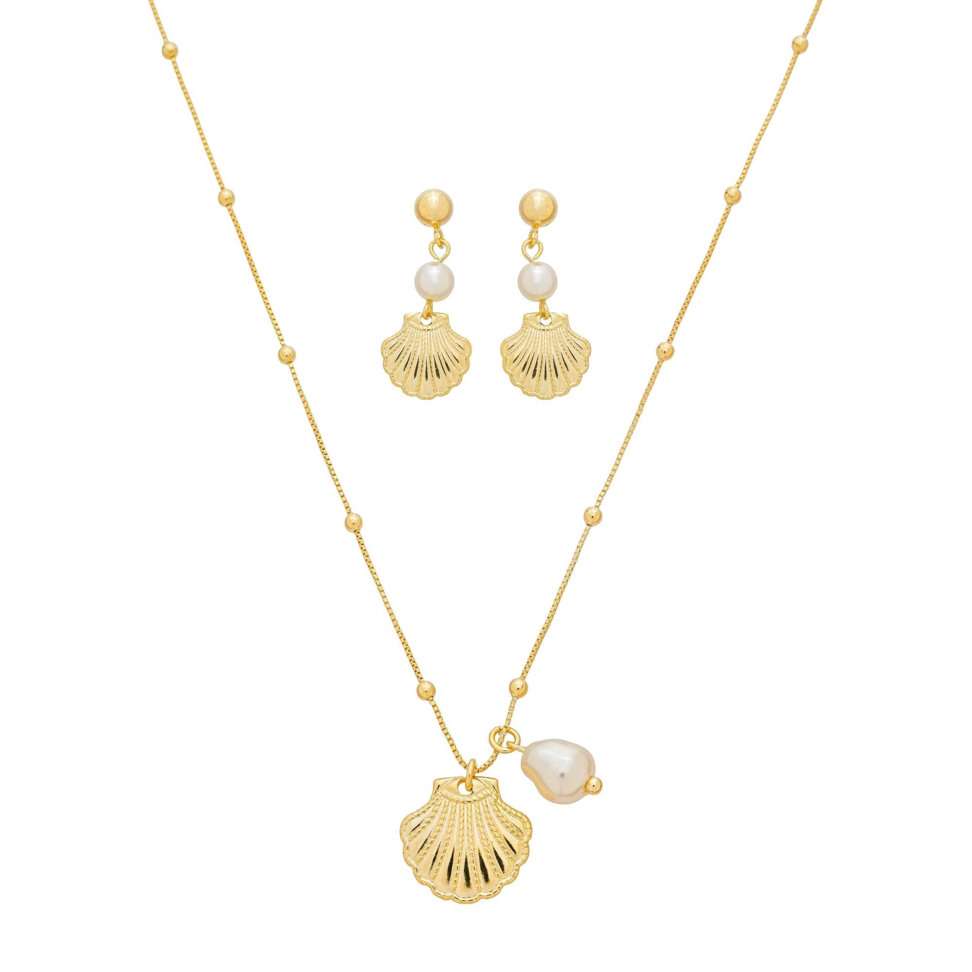Conjunto Folheado a Ouro 18k Pérola e Concha