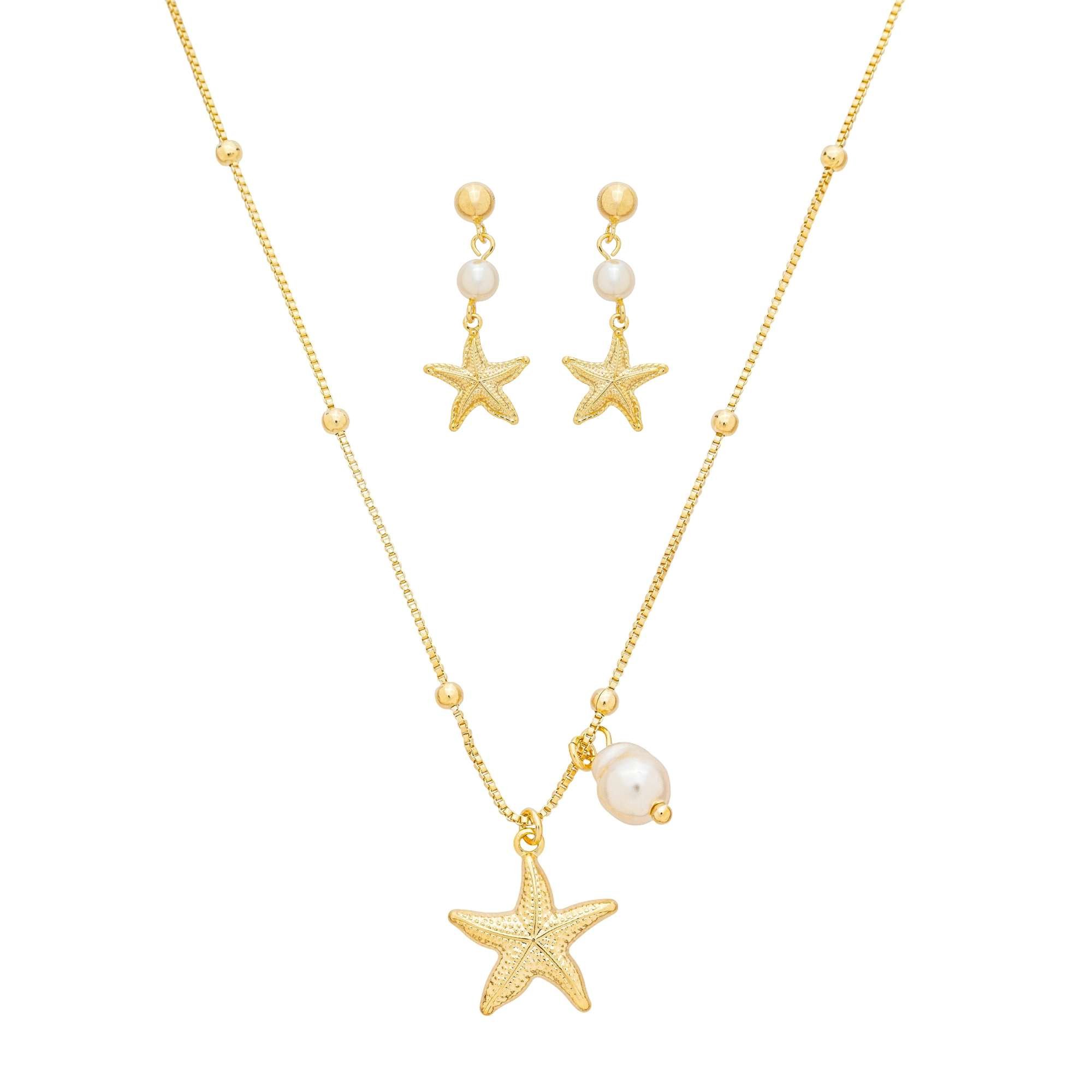 Conjunto Folheado a Ouro 18k Pérola e Estrela do Mar
