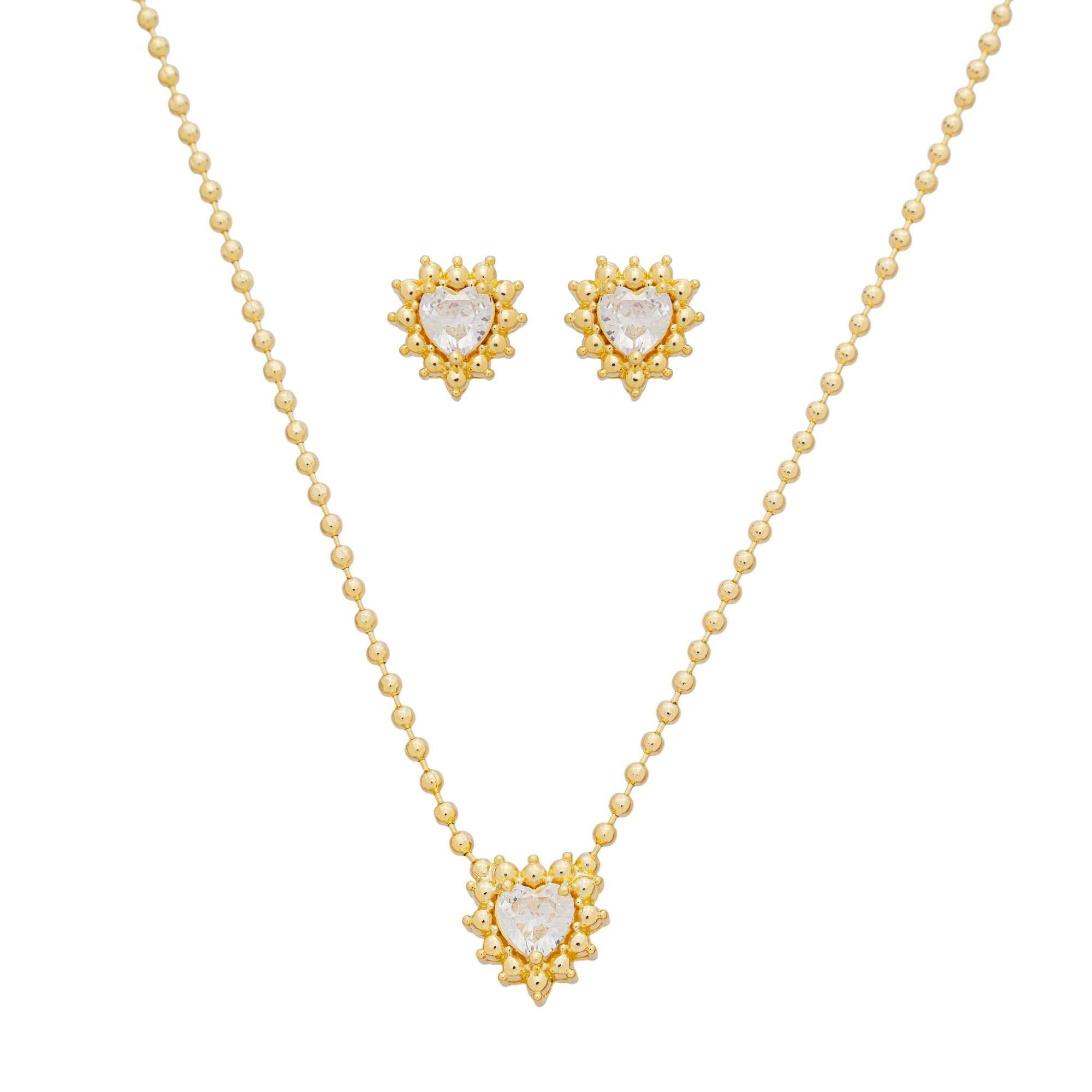 Conjunto Folheado a Ouro 18k Coração Zircônia Detalhes