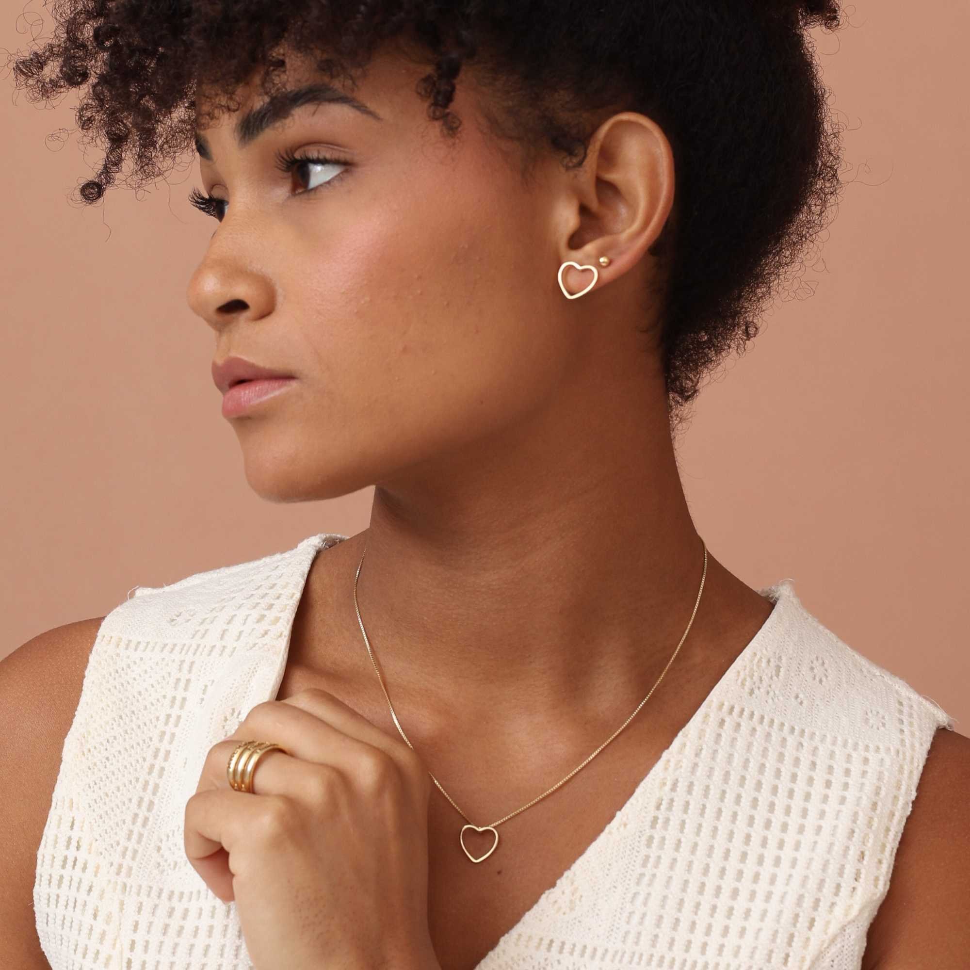 Conjunto Folheado a Ouro 18k Coração Vazado Liso Dourado 2