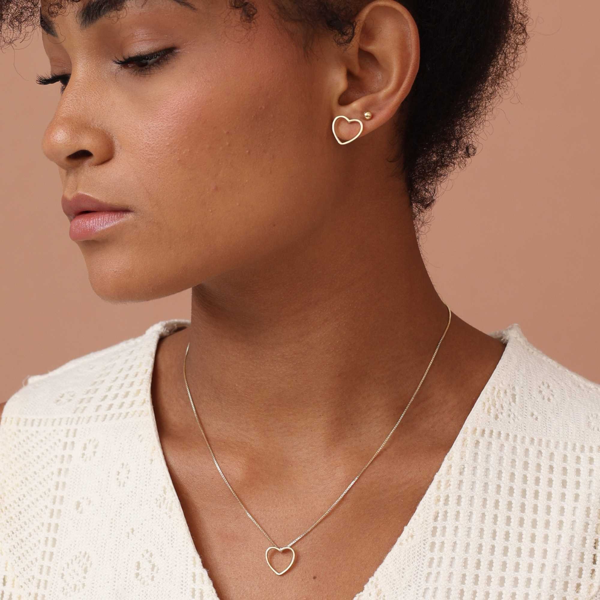 Conjunto Folheado a Ouro 18k Coração Vazado Liso Dourado 3