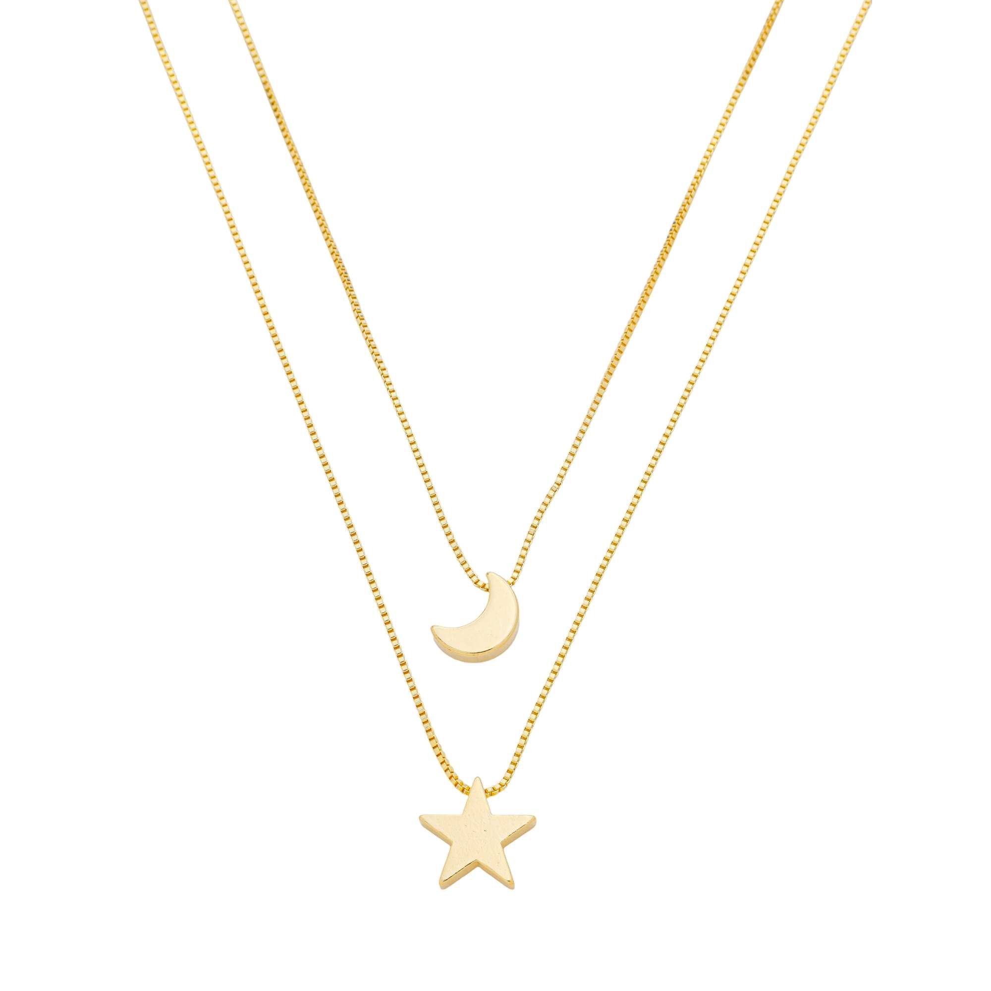 Colar Folheado a Ouro 18k Duplo Pingente Estrela e Lua Lisa