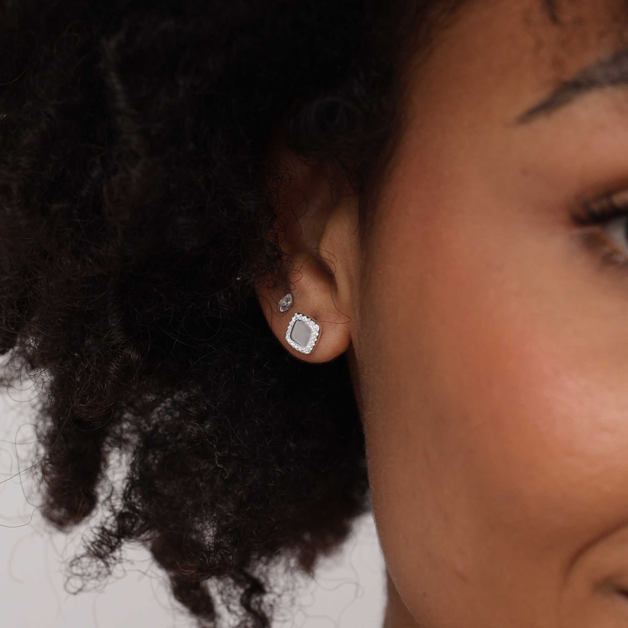 Brinco Prata 925 Quadrado Borda Cravejada Prata 2