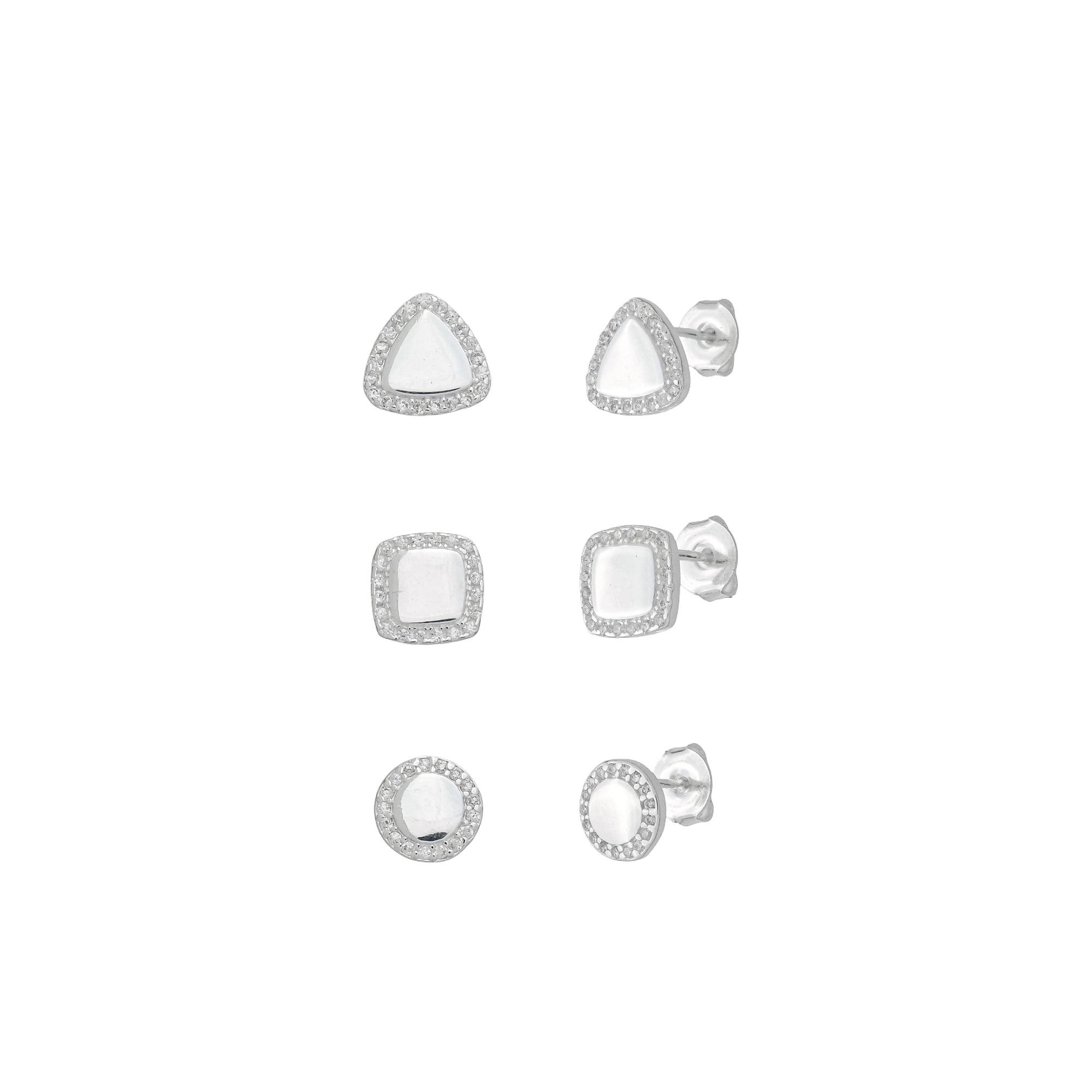 Kit 3 Brincos Prata 925 Gemétricos Borda Cravejada Circulo + Quadrado + Triângulo
